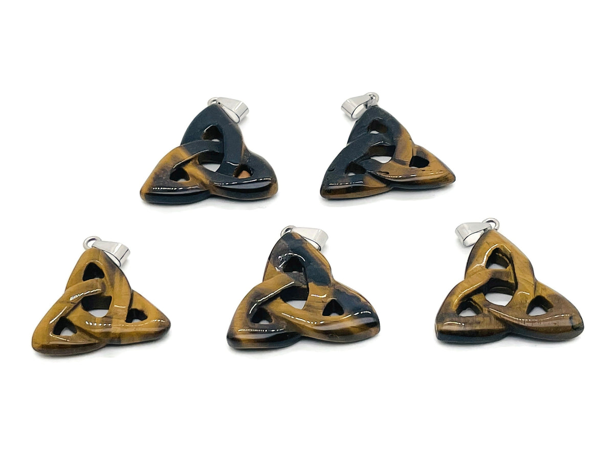 Tiger Eye Celtic Knot crystal pendant from GemstoneGO featuring Trinity Crystals, showcasing intricate knot design and polished gemstone.