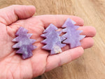 Handmade Lepidolite pine tree gemstone carving, detailed tree sculpture made from purple Lepidolite stone, by GemstoneGO.