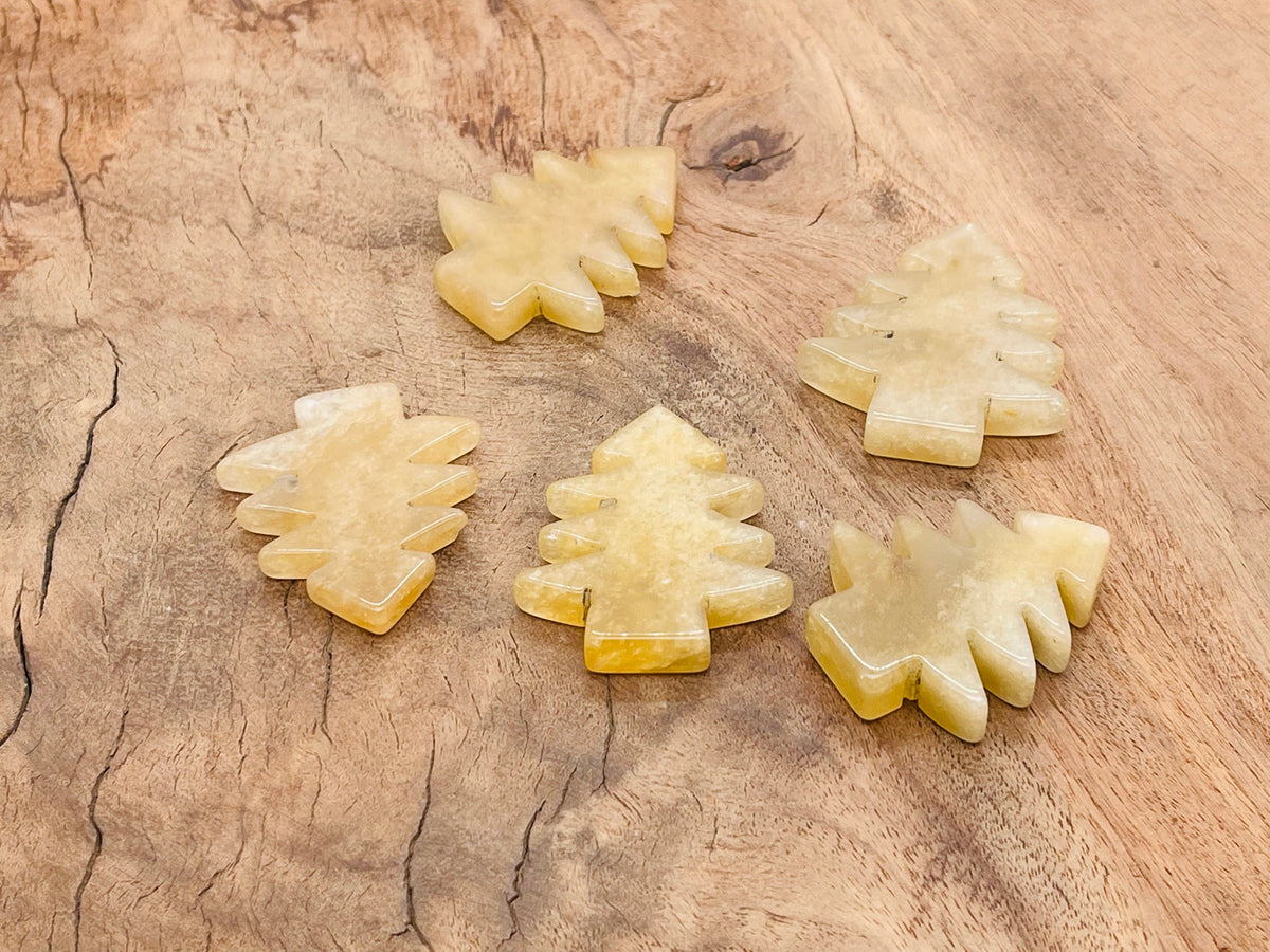 Handmade yellow aventurine gemstone pine tree carving, detailed gemstone tree sculpture from GemstoneGO.
