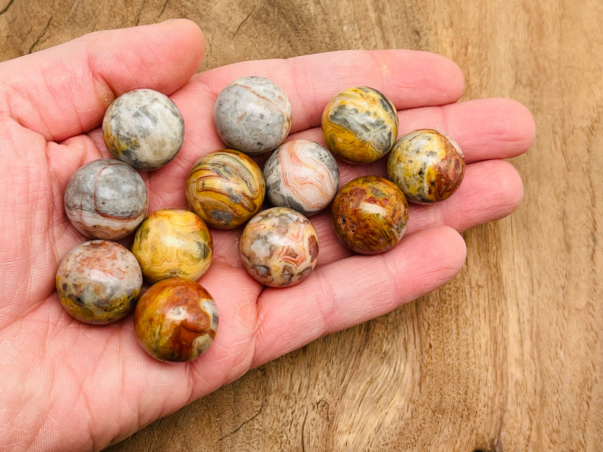 20mm Crazy Lace Agate gemstone sphere from GemstoneGO, featuring vibrant Mexican agate patterns and a polished crystal ball finish.
