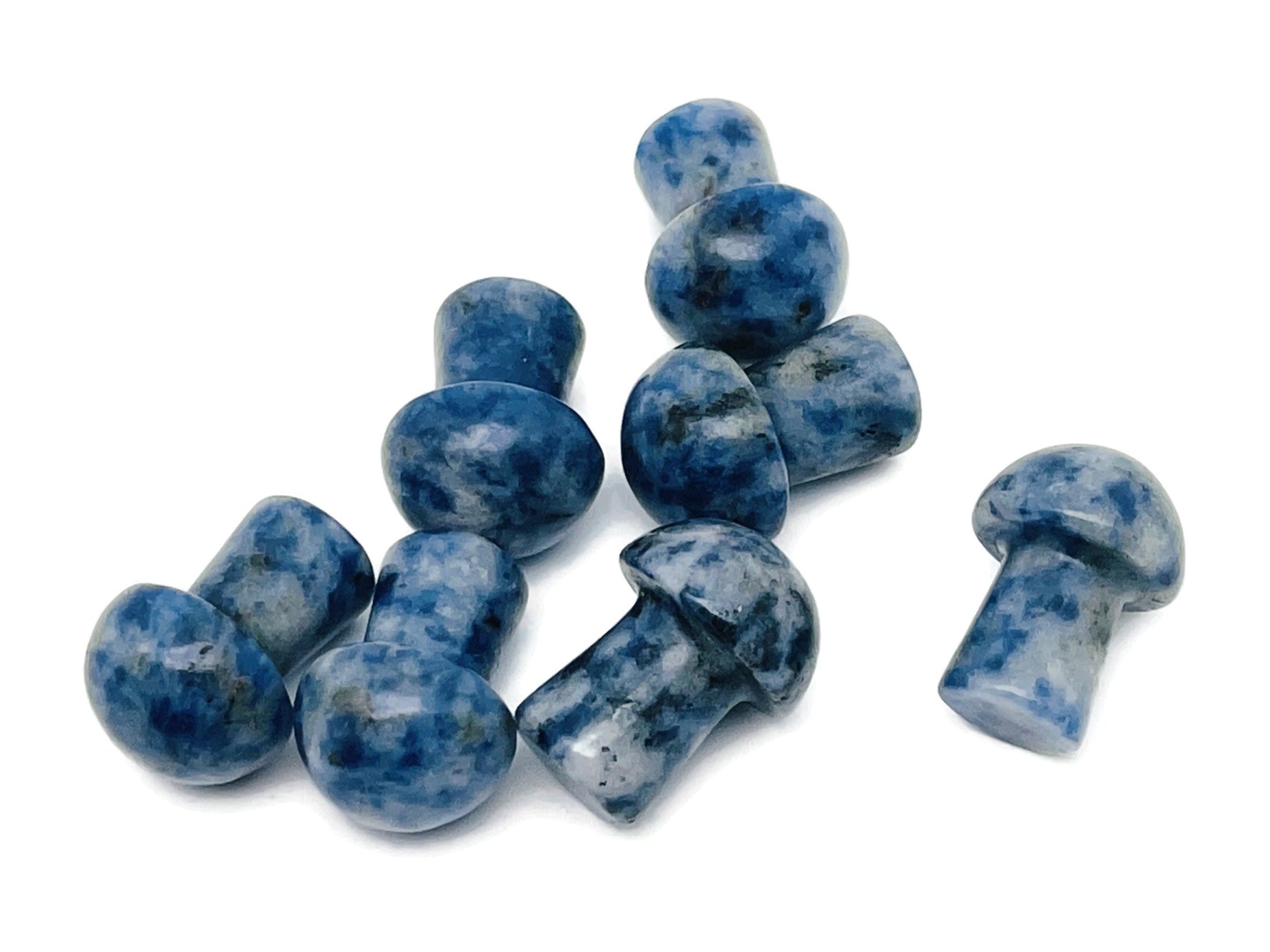 Blue Spot Jasper mushroom carved gemstone, 20mm, featuring detailed mushroom shape and vibrant blue spots, by GemstoneGO.