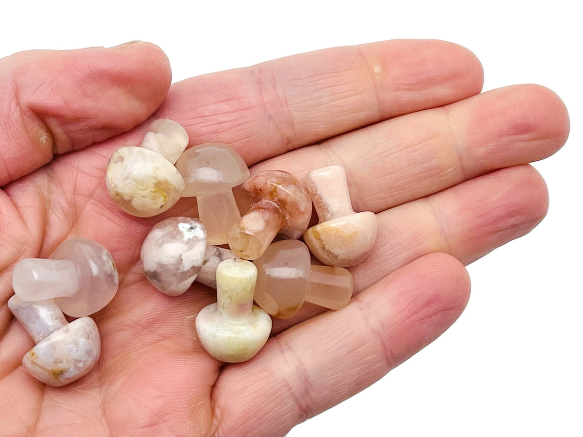 Cherry blossom flower agate mushroom carved gemstone, 20mm, showcasing intricate pink and white floral patterns and smooth polished surface.