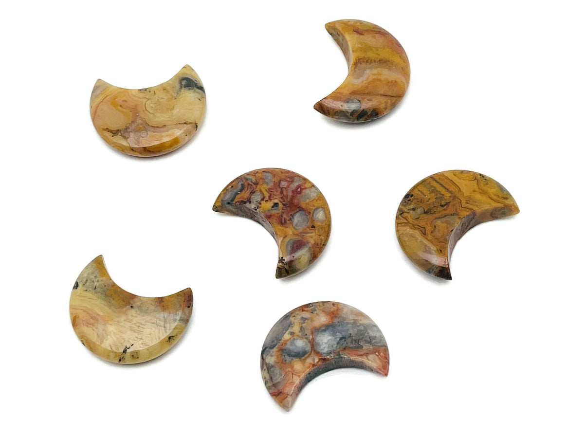 30mm Crazy Lace Agate gemstone moon pendant from GemstoneGO, featuring vibrant, intricate lace patterns on a smooth, polished surface.