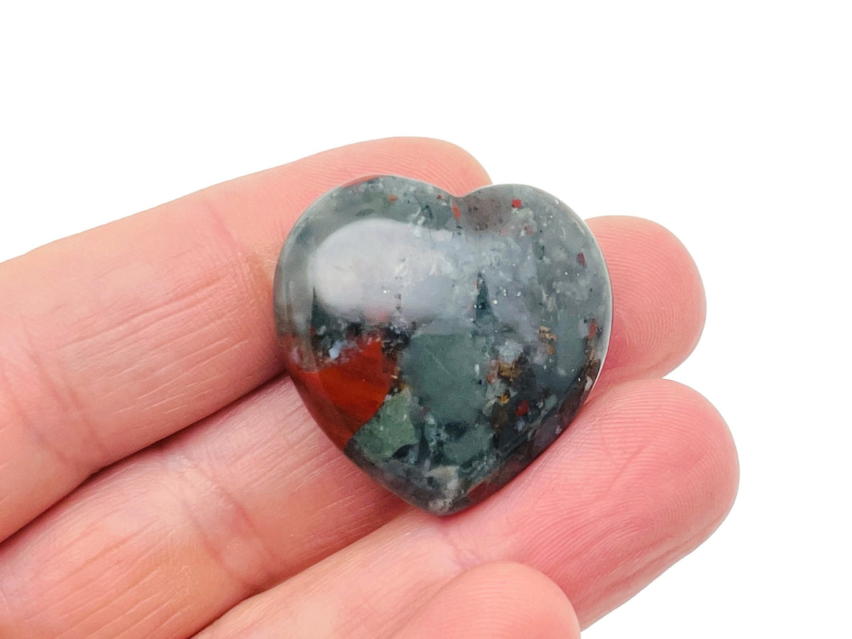 African Bloodstone heart-shaped gemstone, 30mm, featuring rich green and red mineral inclusions, crafted by GemstoneGO.