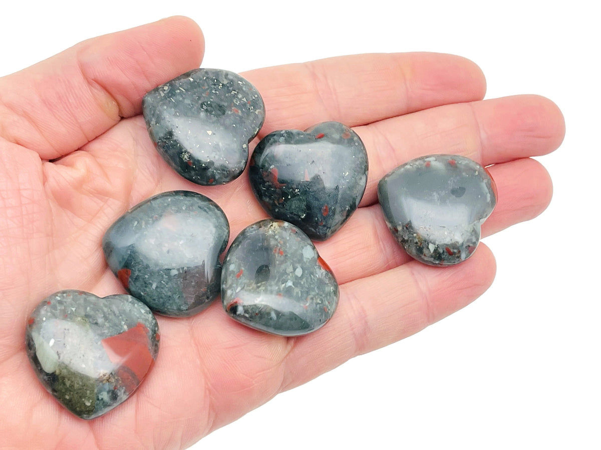 African Bloodstone heart-shaped gemstone, 30mm, from GemstoneGO, showing a rich green stone with red blood-like inclusions.