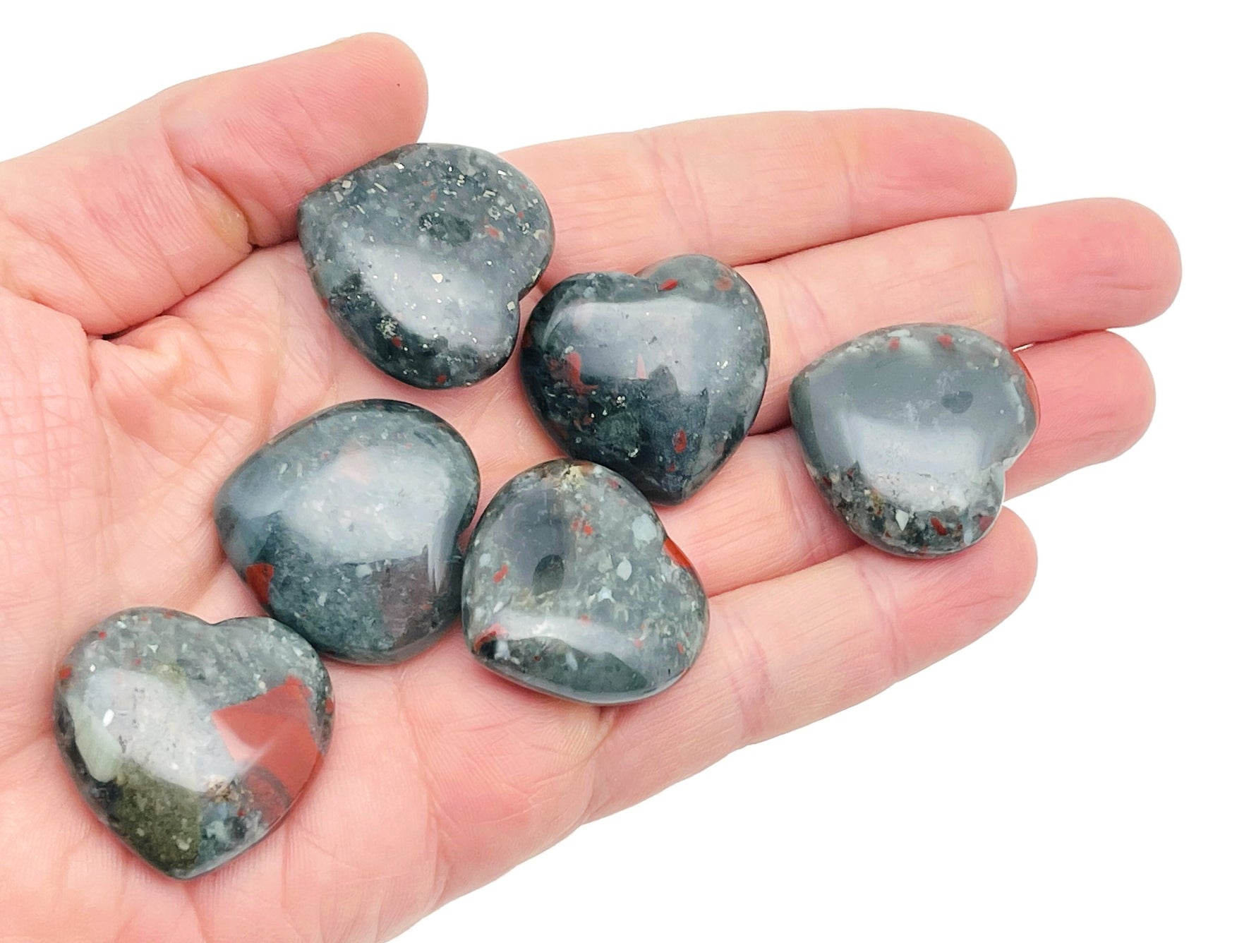 African Bloodstone heart-shaped gemstone, 30mm, from GemstoneGO, showing a rich green stone with red blood-like inclusions.
