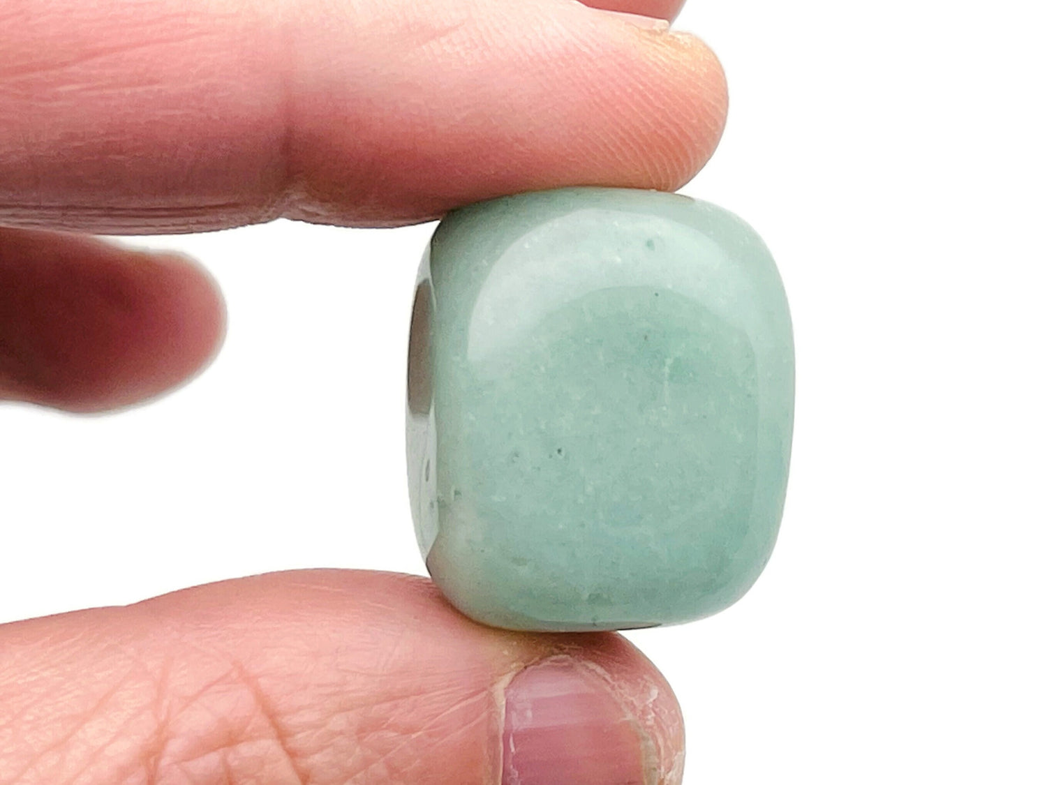 Smooth green aventurine tumbled stone from GemstoneGO, showing its polished, rounded surface and natural mineral coloration.