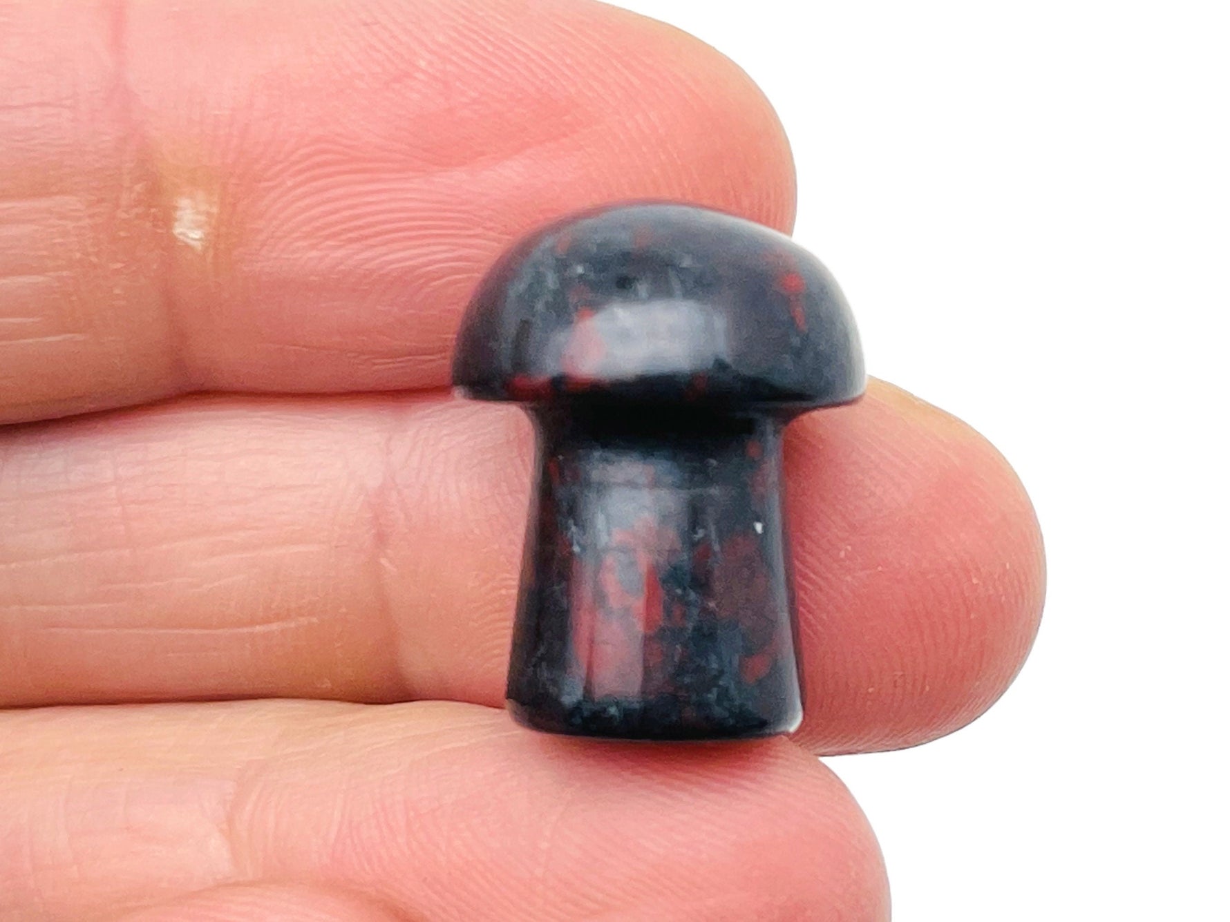 20mm Chicken Bloodstone Jasper mushroom carved gemstone from GemstoneGO, featuring rich red and green colors and detailed mushroom carving.