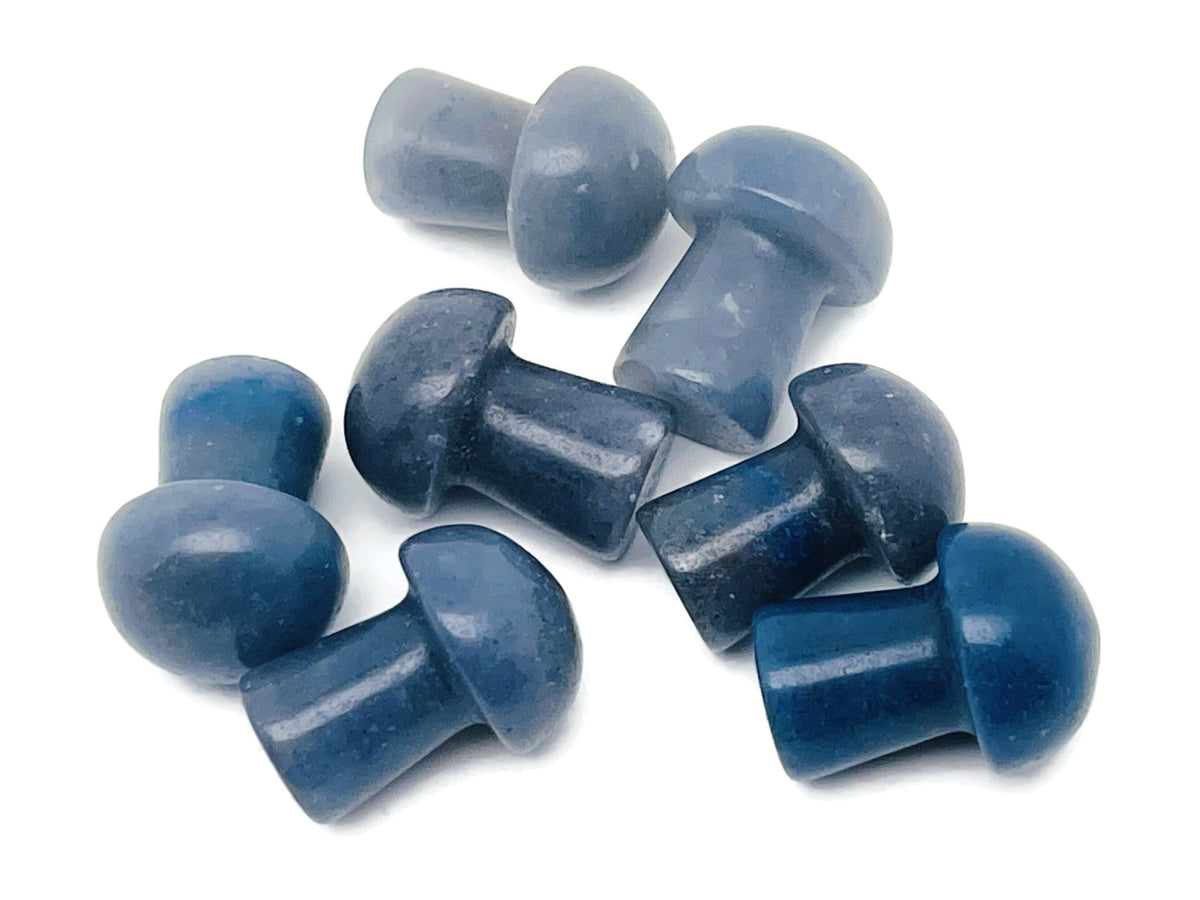 Blue aventurine mushroom carved gemstone, 20mm, featuring detailed carving and vibrant blue color, ideal for jewelry or collection.
