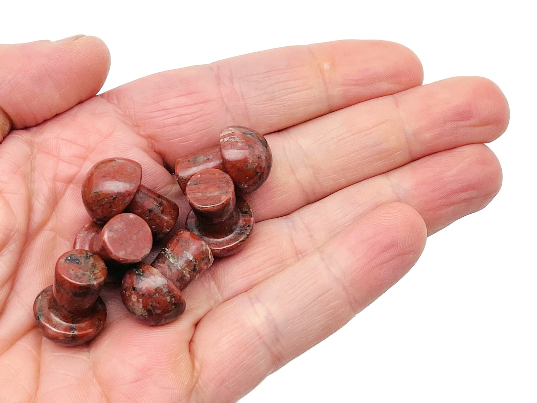 Red Sesame Jasper mushroom carved gemstone, 20mm, showcasing detailed carving and vibrant red and brown hues, by GemstoneGO.