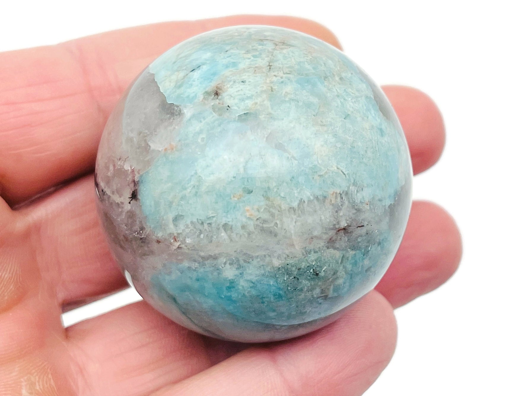 Amazonite gemstone sphere, 40-50mm crystal ball, polished blue-green mineral from GemstoneGO.