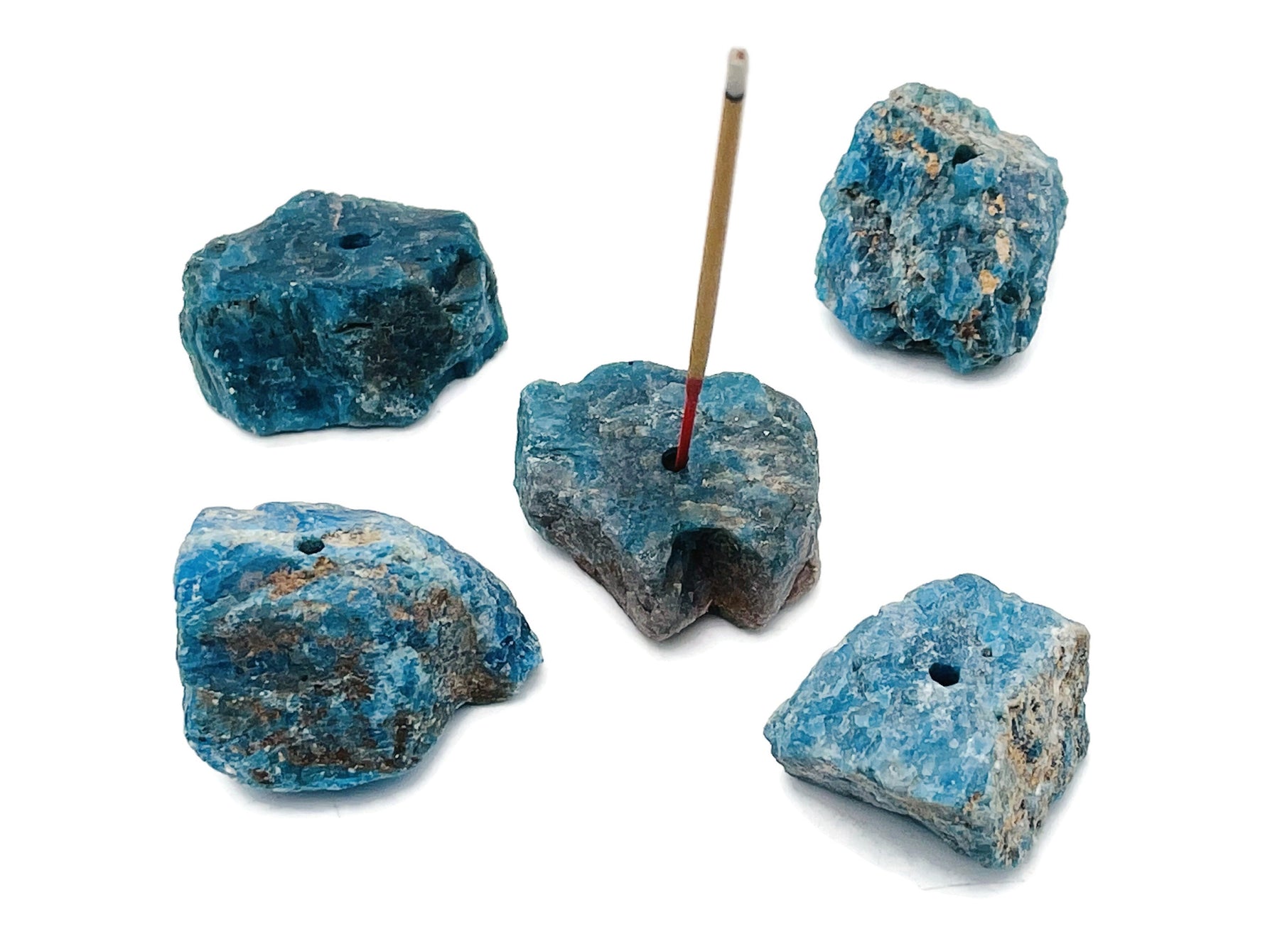 Blue Apatite rough crystal incense holder from GemstoneGO, handcrafted carving for incense sticks with natural, textured appearance.