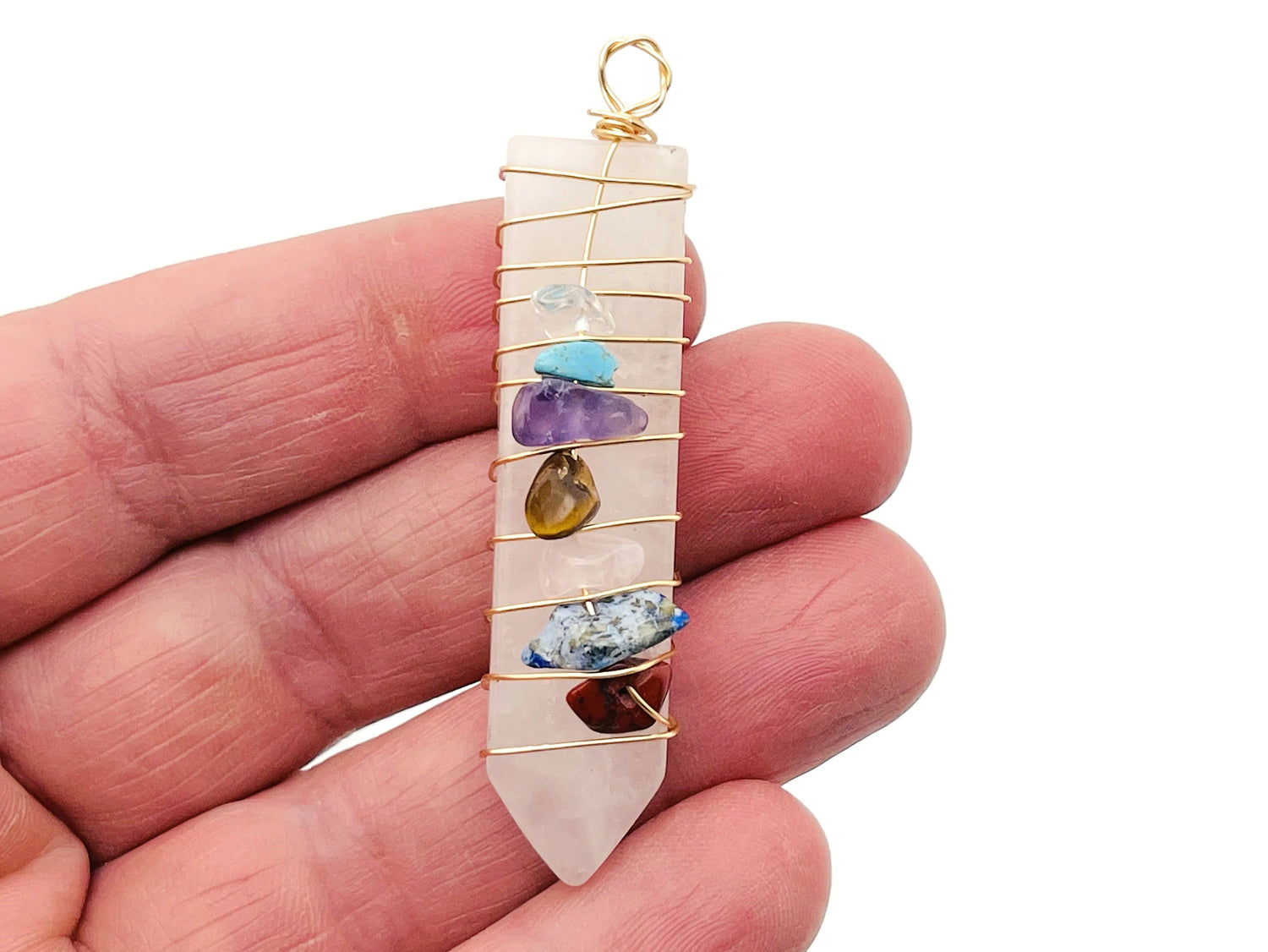 Clear Quartz Chakra Pendant - Brass Wire Wrapped Pendant - 7 Stones - NC1202