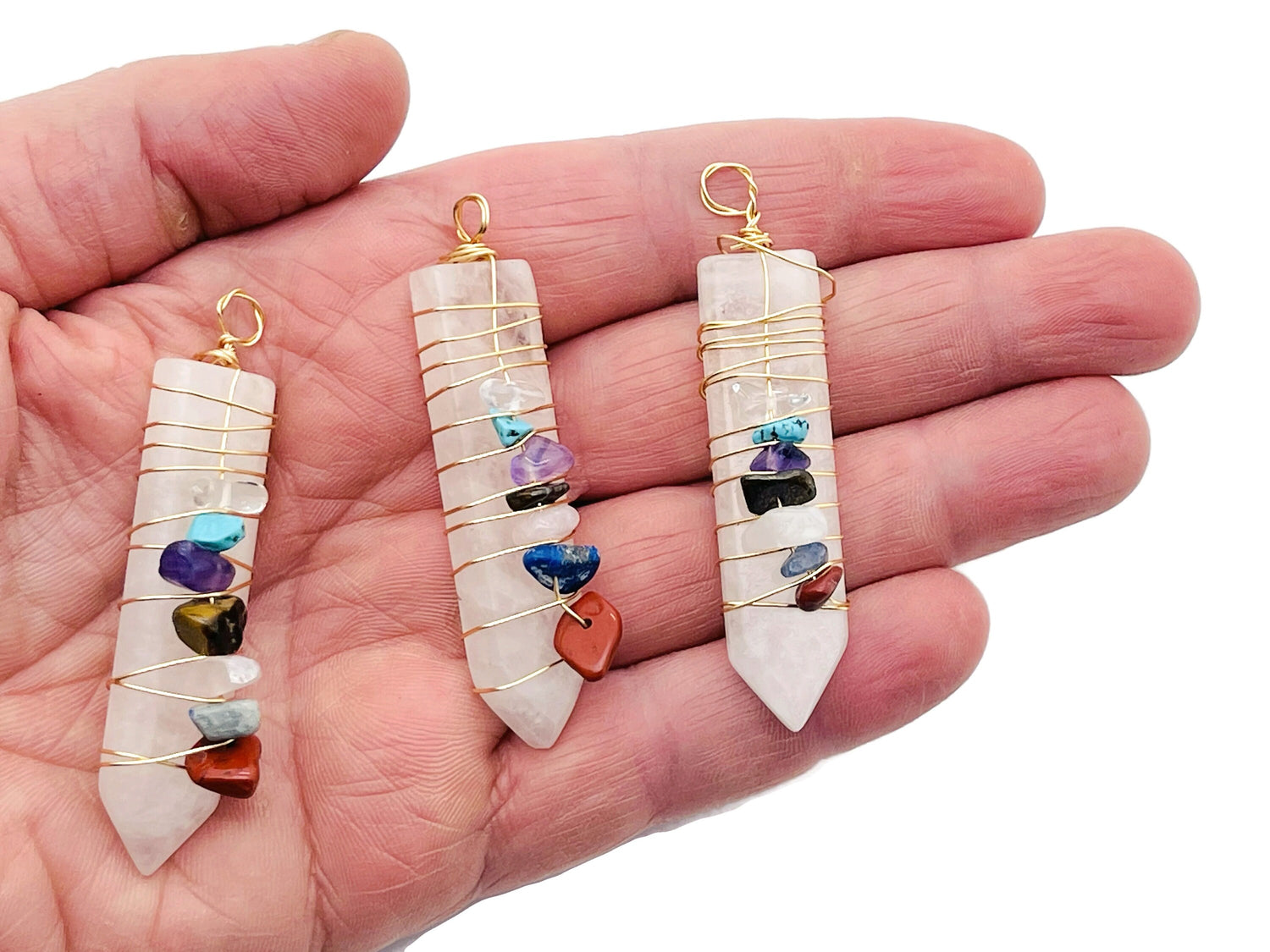 Clear Quartz Chakra Pendant - Brass Wire Wrapped Pendant - 7 Stones - NC1202