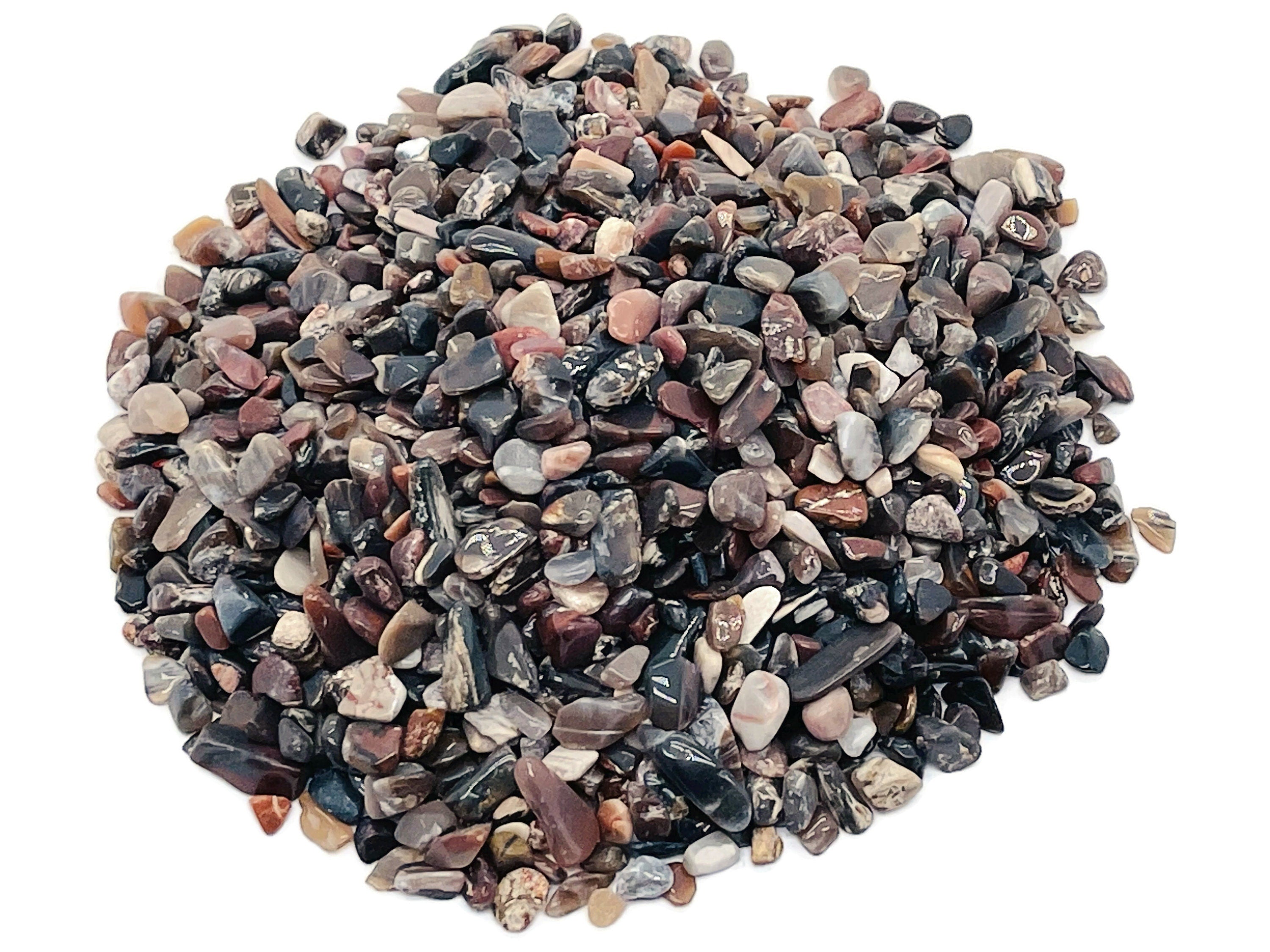 Semi-tumbled petrified wood crystal chips in 5-7mm size, natural gemstone bulk stones by GemstoneGO.