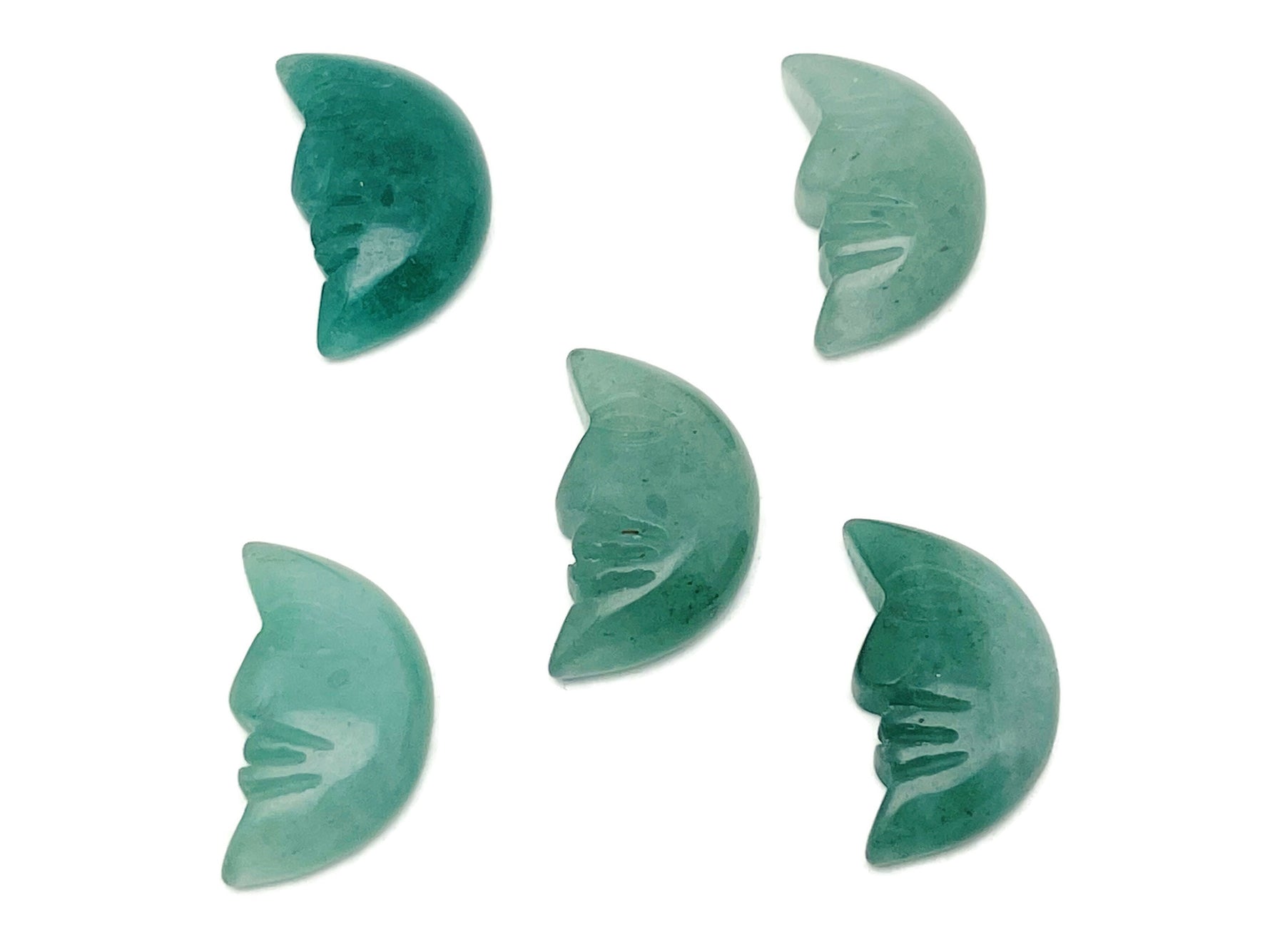 A 25mm Aventurine crystal moon face pendant with a smiling moon design from GemstoneGO, showcasing its green gemstone surface.