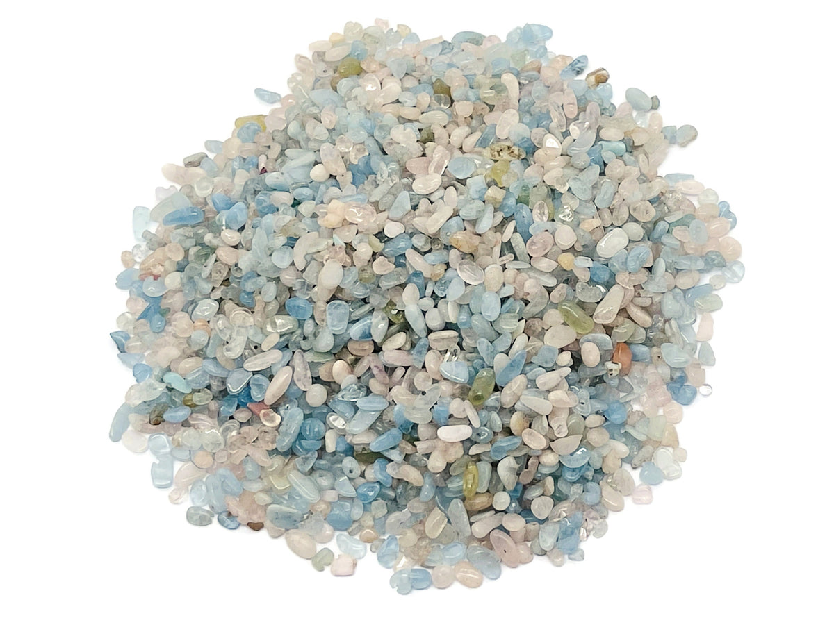 Aquamarine Morganite crystal chips in 2-6mm semi-tumbled stones, bulk gemstone from GemstoneGO, natural and vibrant mineral collection.