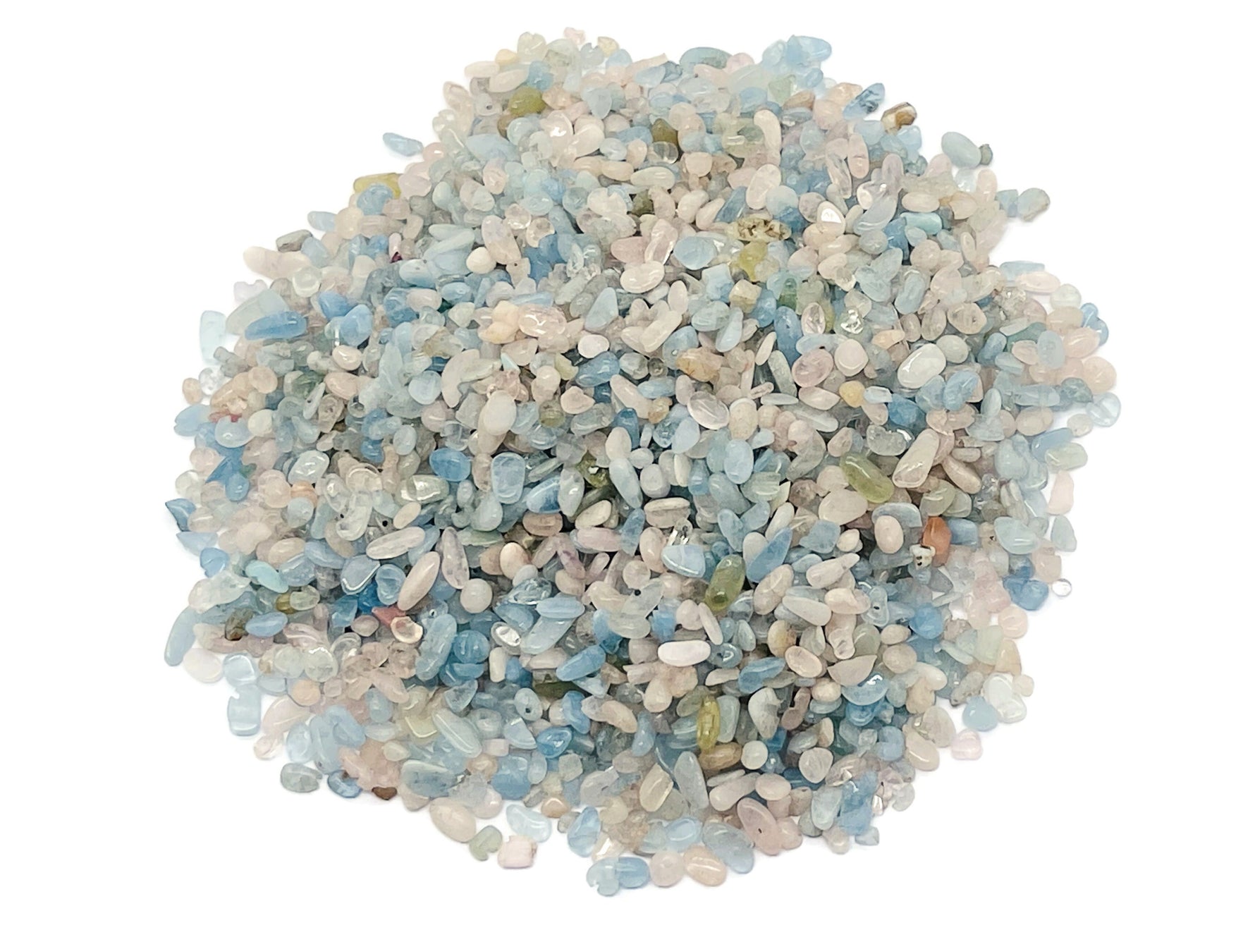 Aquamarine Morganite crystal chips in 2-6mm semi-tumbled stones, bulk gemstone from GemstoneGO, natural and vibrant mineral collection.