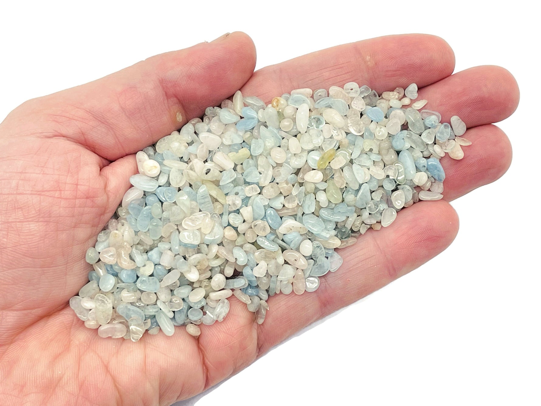 Aquamarine Morganite crystal chips in 2-6mm semi-tumbled stones, natural gemstone bulk collection by GemstoneGO.