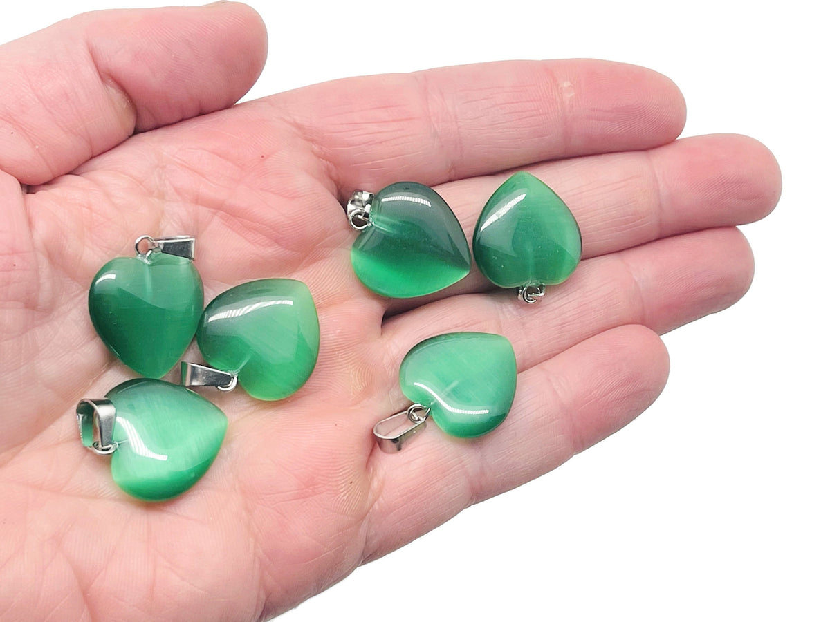 Green Cats Eye heart-shaped pendant with crystal accents, gemstone jewelry for healing and gifting by GemstoneGO.