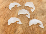 Selenite dolphin gemstone carving by GemstoneGO, featuring a smooth, polished dolphin sculpture on a white background.