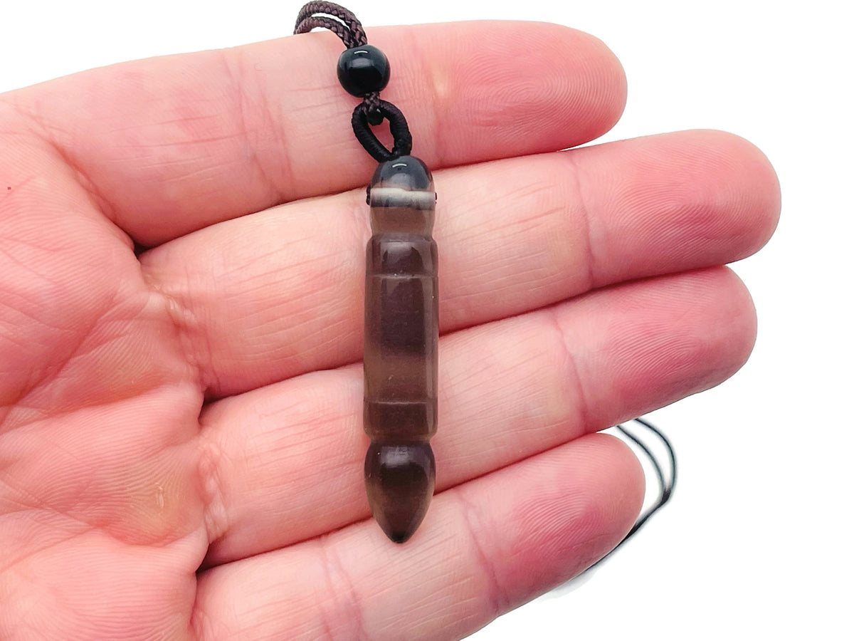 Smoky Quartz Bullet Crystal Necklace on cord, featuring a polished smoky quartz pendant from GemstoneGO.