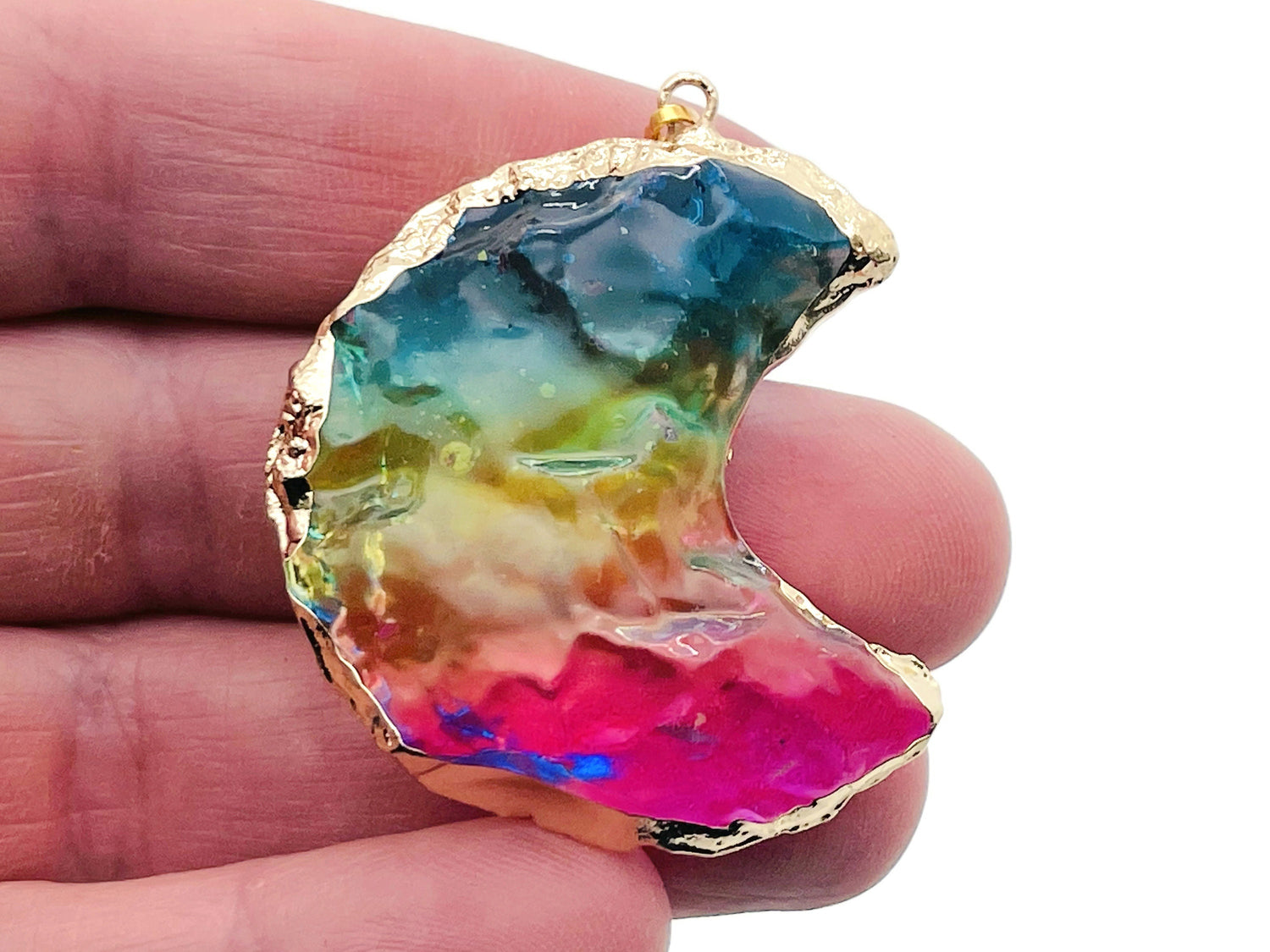 Rainbow Aura Moon Crystal Pendant - Blue-Yellow-Pink - Loose Crystal - NC1222