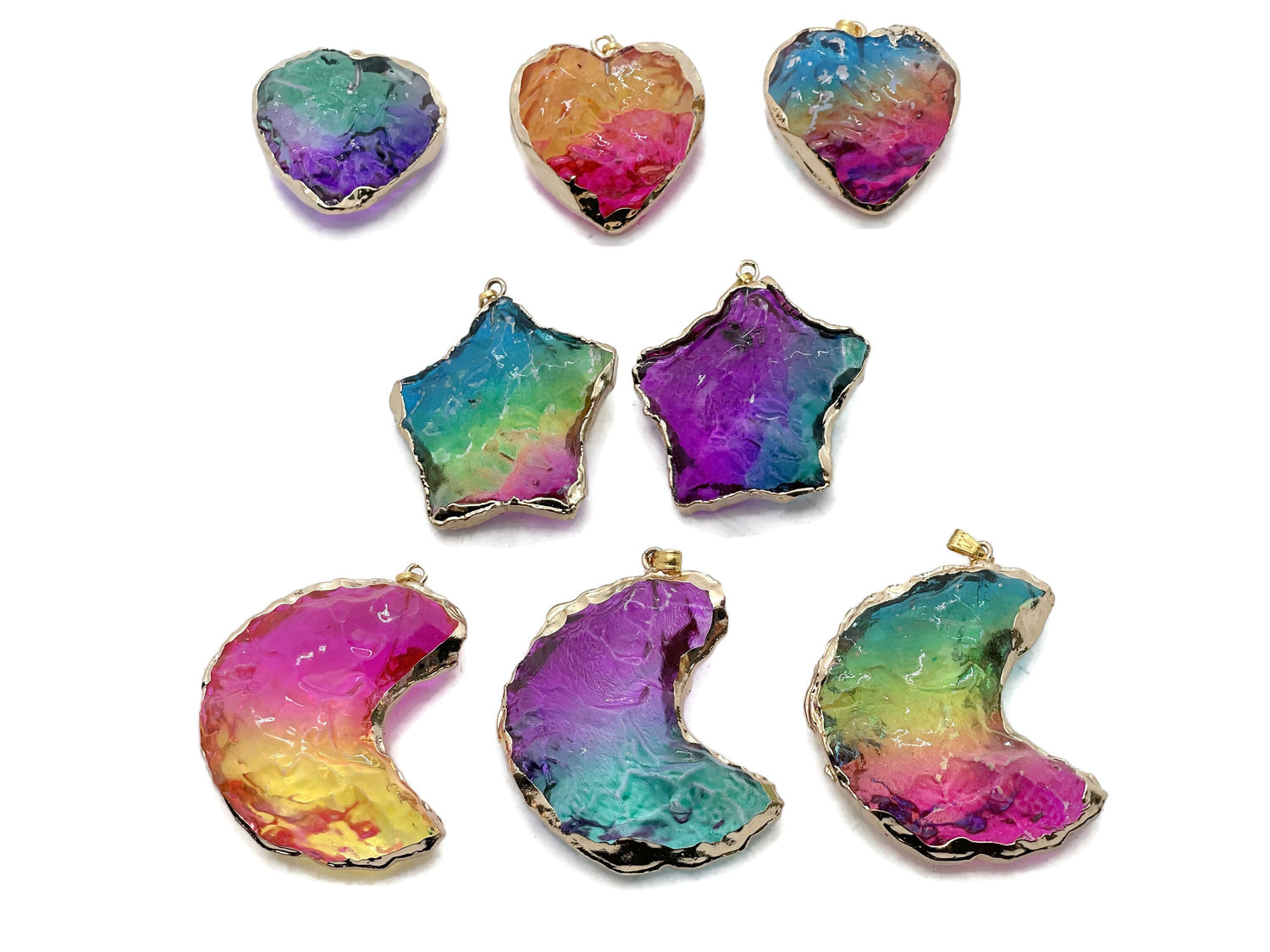 Rainbow Aura Heart Crystal Pendant - Moon-Star-Heart - Loose Crystal - MIX