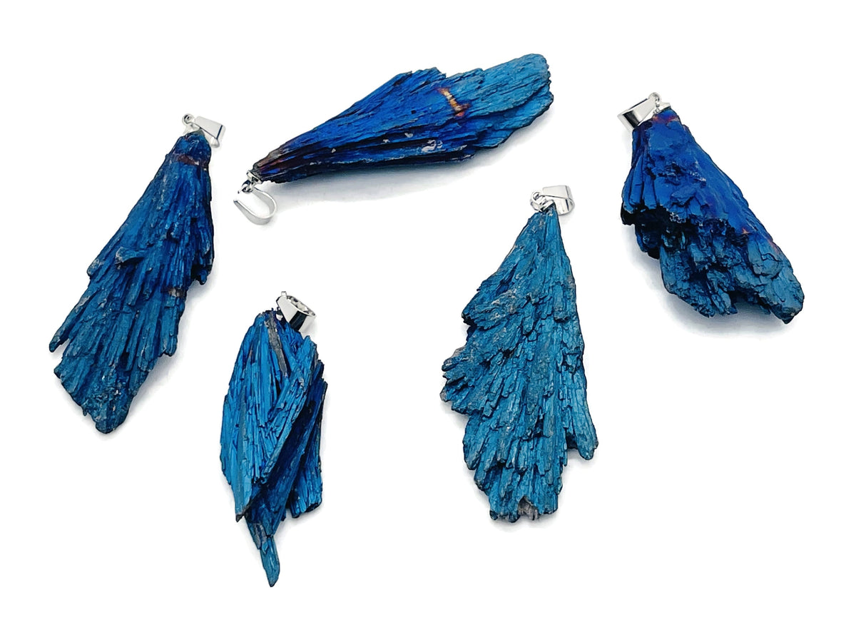 Blue Kyanite fan crystal pendant from GemstoneGO featuring a vibrant blue, fan-shaped gemstone pendant on a silver chain.