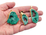 Green agate geode druzy slice pendant from GemstoneGO, showcasing vibrant green crystal formations and a polished stone edge.