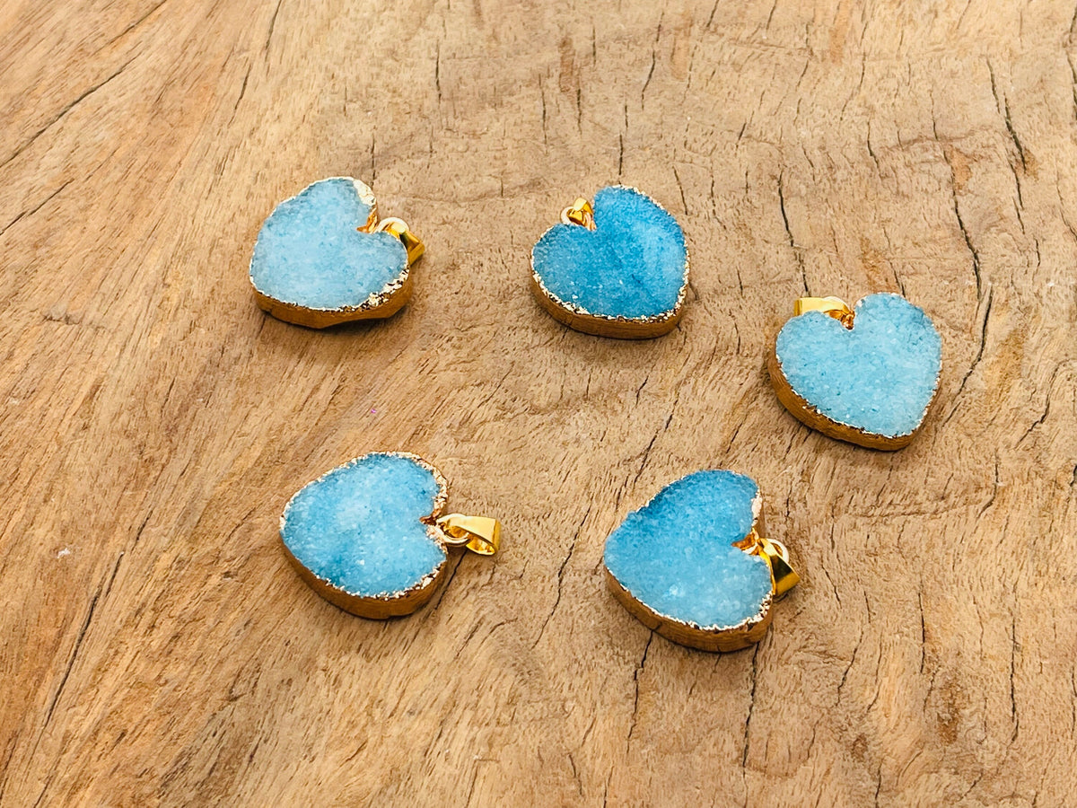 Blue agate heart geode druzy slice pendant with crystal details, handmade gemstone jewelry by GemstoneGO.