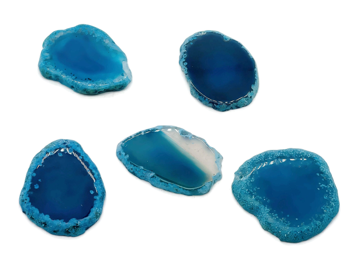 Blue agate slice drilled pendant with natural hole, showcasing vibrant blue and white banded patterns for jewelry making.