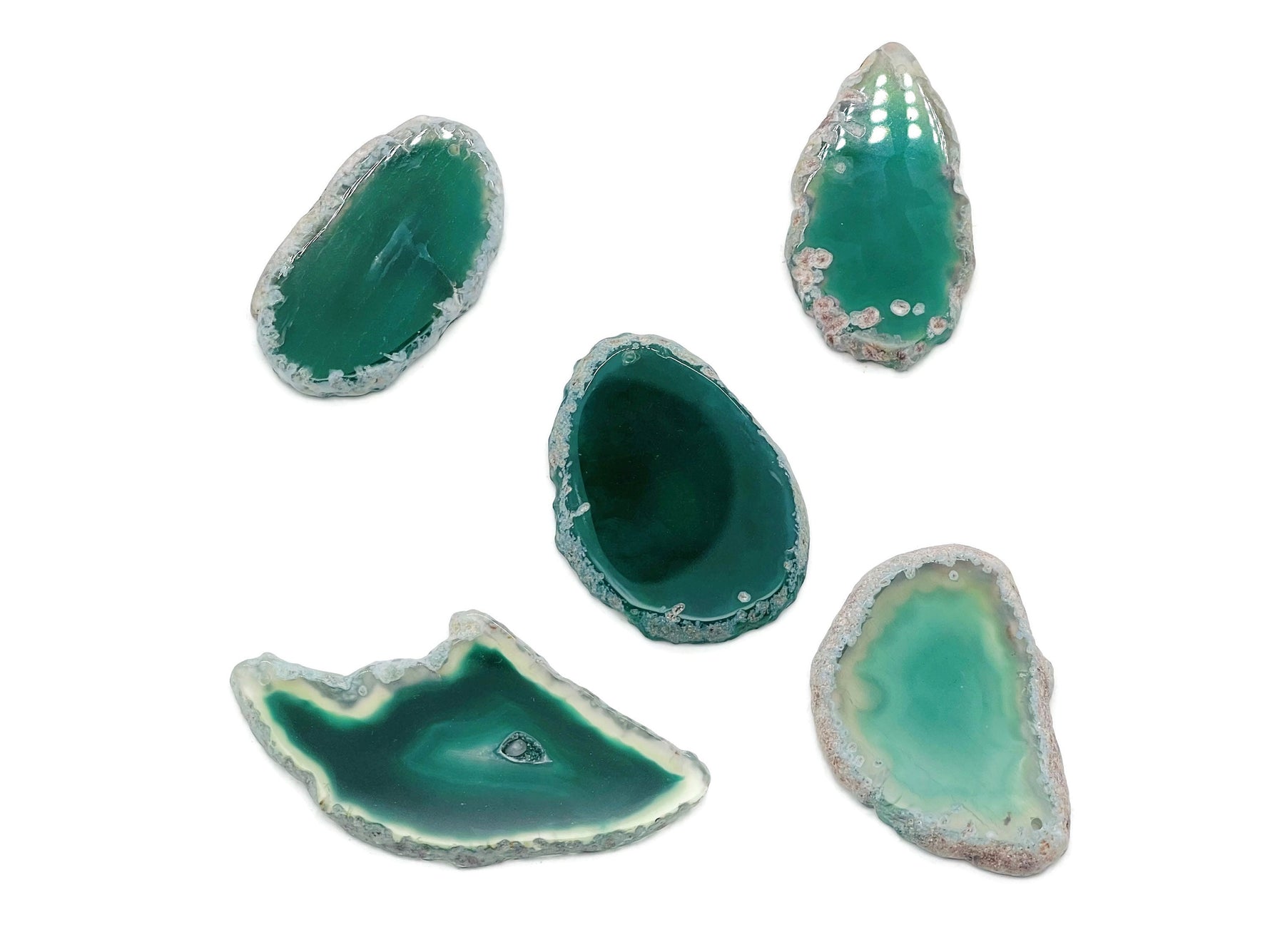 Green agate slice drilled gemstone pendant with natural crystal formations, ideal for jewelry making and craft projects.