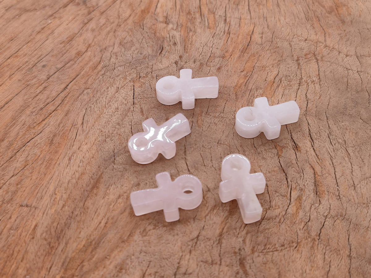 Rose Quartz Anka crystal carving, gemstone ankh pendant, 30mm, featuring detailed carved design on smooth pink stone.