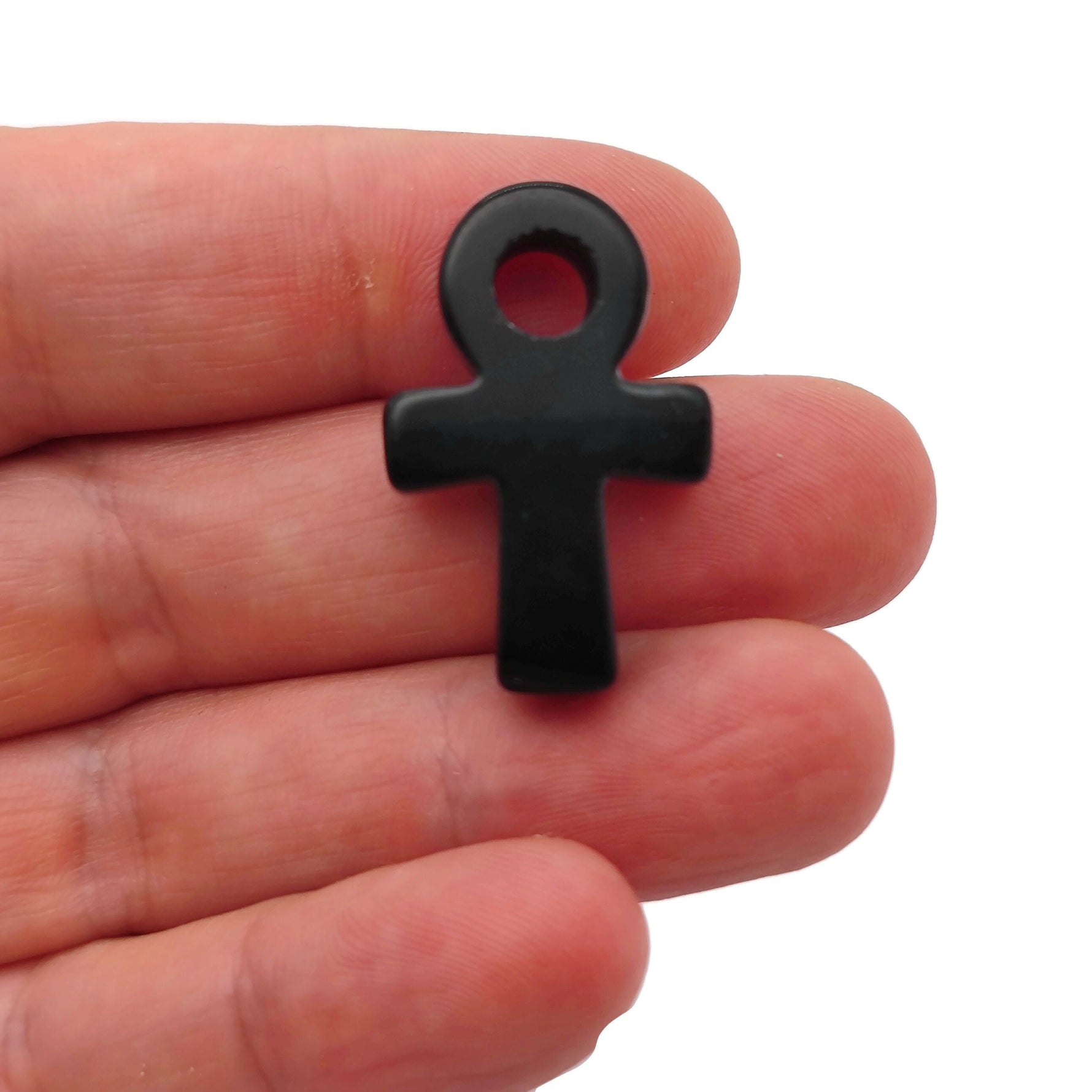 Obsidian Anka crystal carving with gemstone ankhs, 30mm size, showcasing intricate details and polished finish.