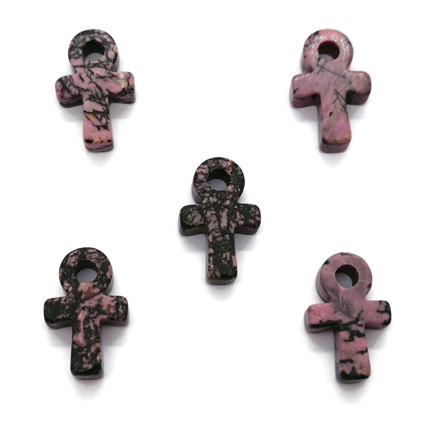 Rhodonite Anka crystal carving, 30mm gemstone Ankh pendant with pink and black hues, from GemstoneGO.
