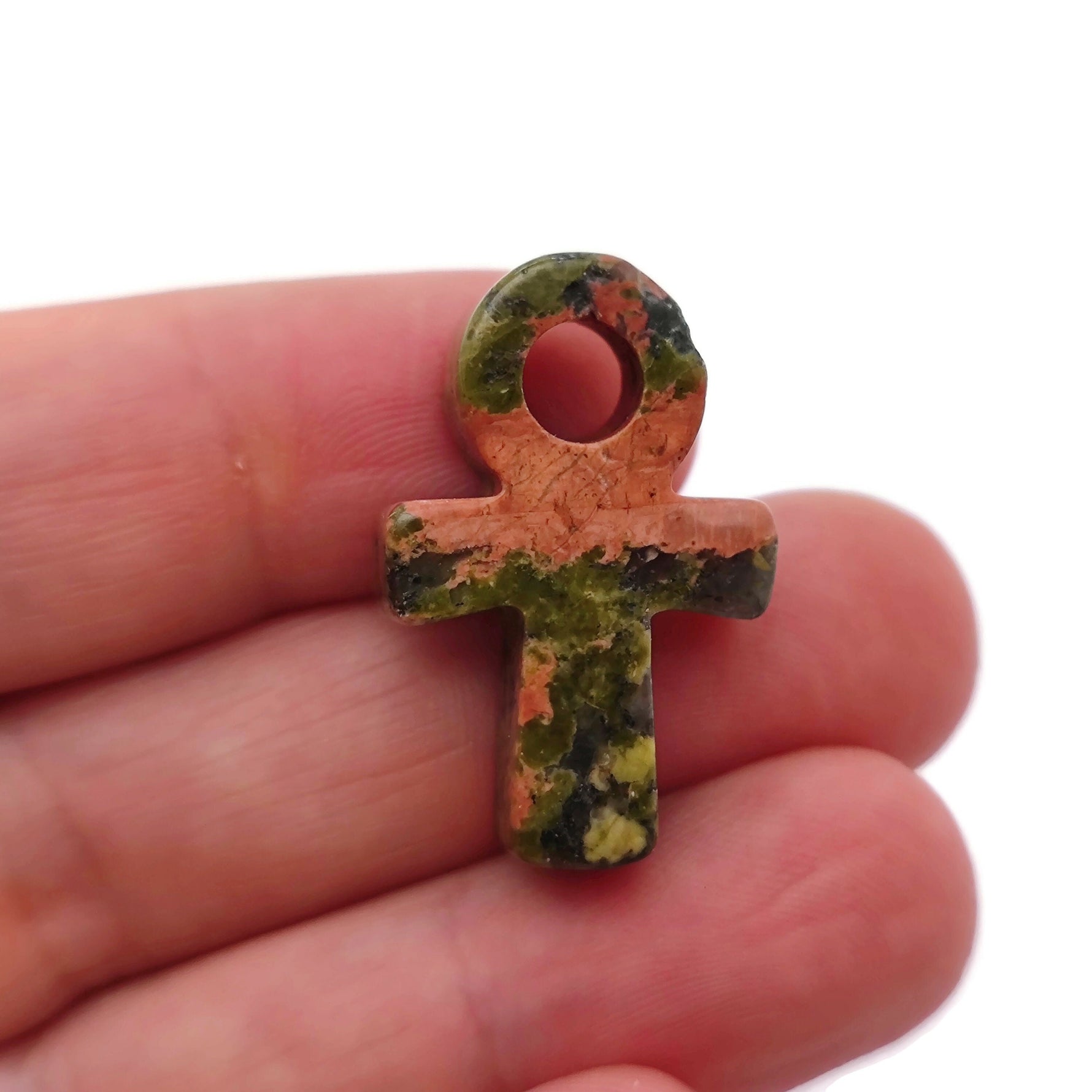 Unakite Anka crystal carving, 30mm gemstone ankh, from GemstoneGO, featuring vibrant green and pink hues in detailed craftsmanship.