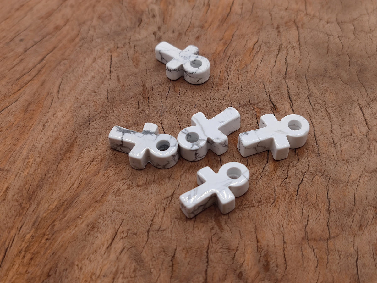Howlite Anka crystal carving, 30mm gemstone Ankh symbol, detailed carved gemstone ornament, natural white and gray stone design