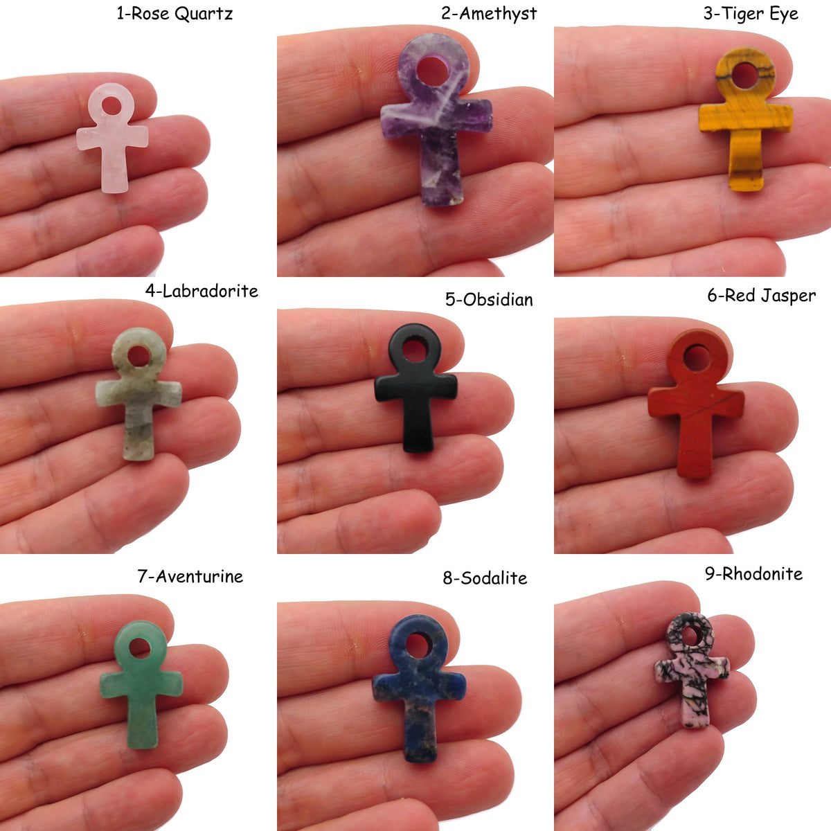 Mini crystal Anka ankhs carved by GemstoneGO, featuring handmade gemstone designs and colorful mixed crystals.