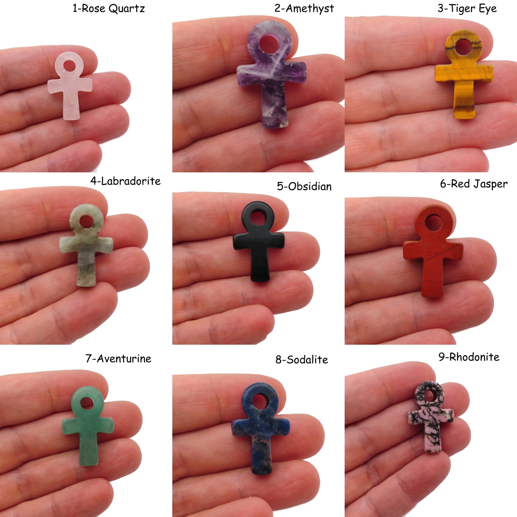 Mini crystal Anka ankhs carved by GemstoneGO, featuring handmade gemstone designs and colorful mixed crystals.