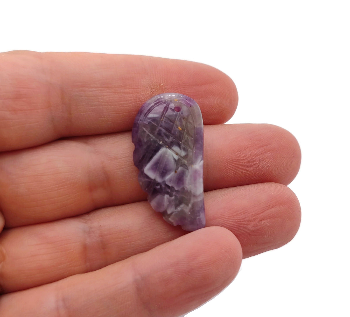 Amethyst angel wing crystal pendant with hole charm, showcasing purple gemstone details and intricate wing design.
