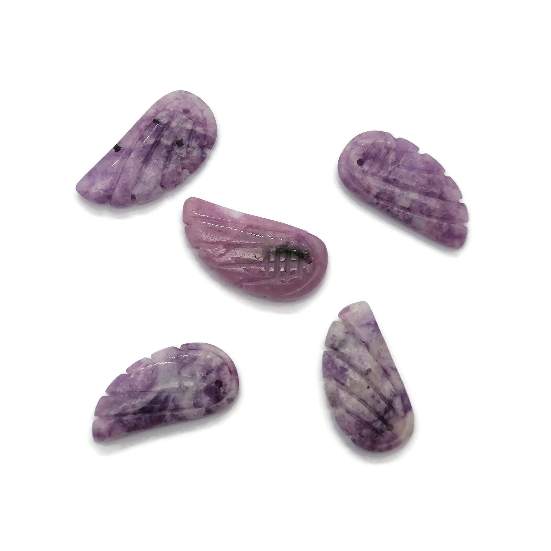 Lepidolite angel wing crystal pendant with hole charm, showcasing purple and pink hues, crafted by GemstoneGO.
