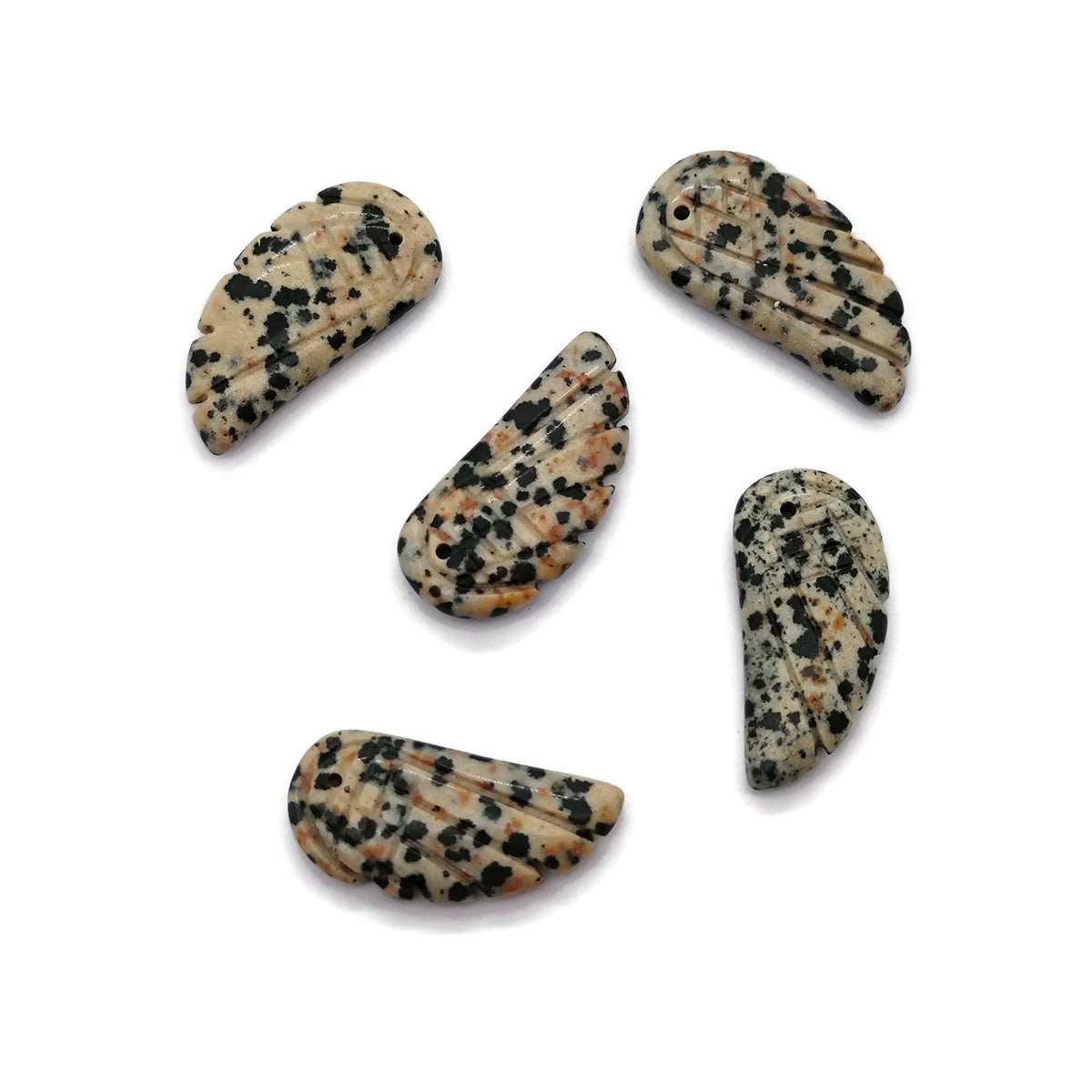 Dalmatian Jasper angel wing crystal pendant with hole charm, showcasing detailed natural stone and polished gemstone features.