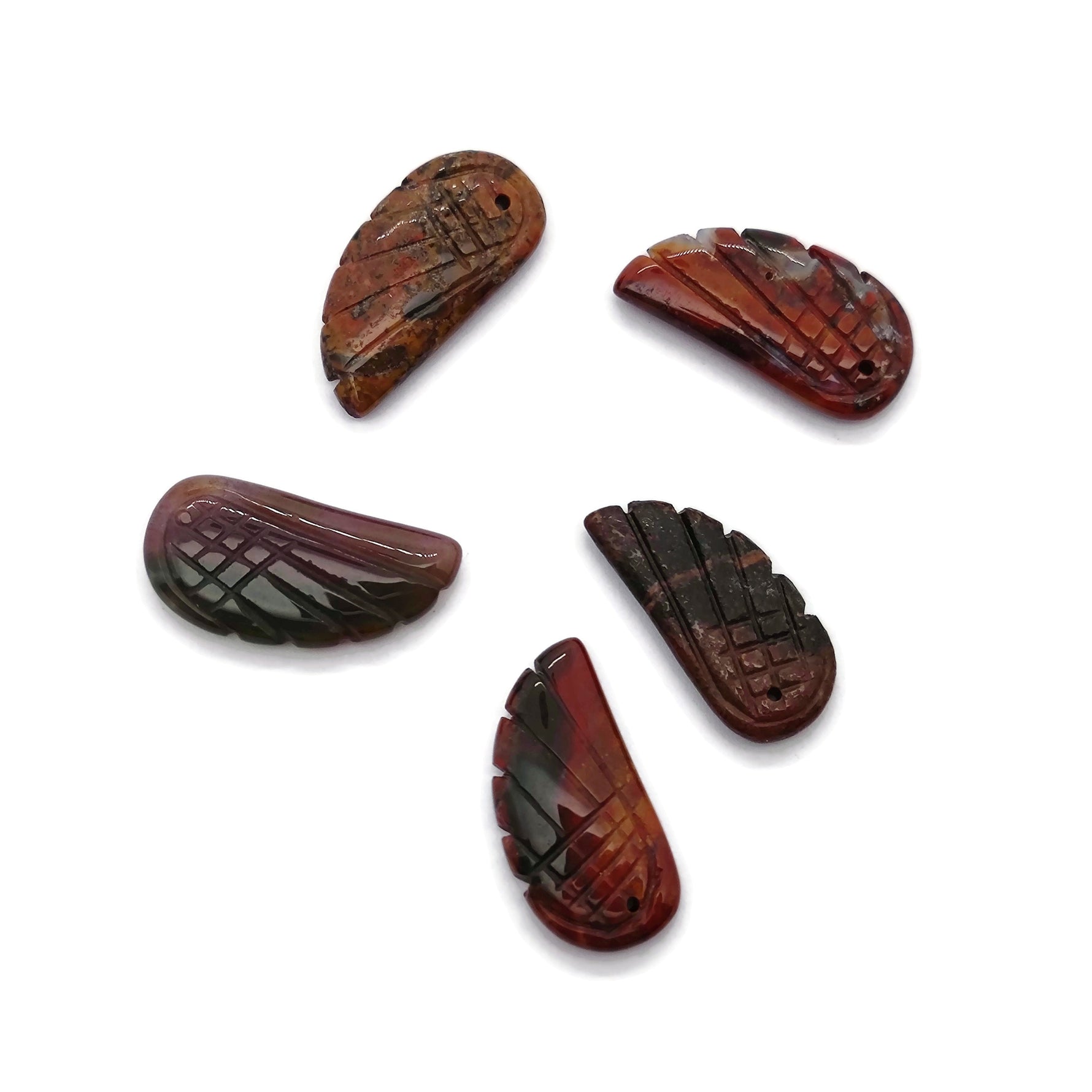 Indian Agate angel wing crystal pendant with hole charm, featuring detailed angel wing design in vibrant gemstone colors.