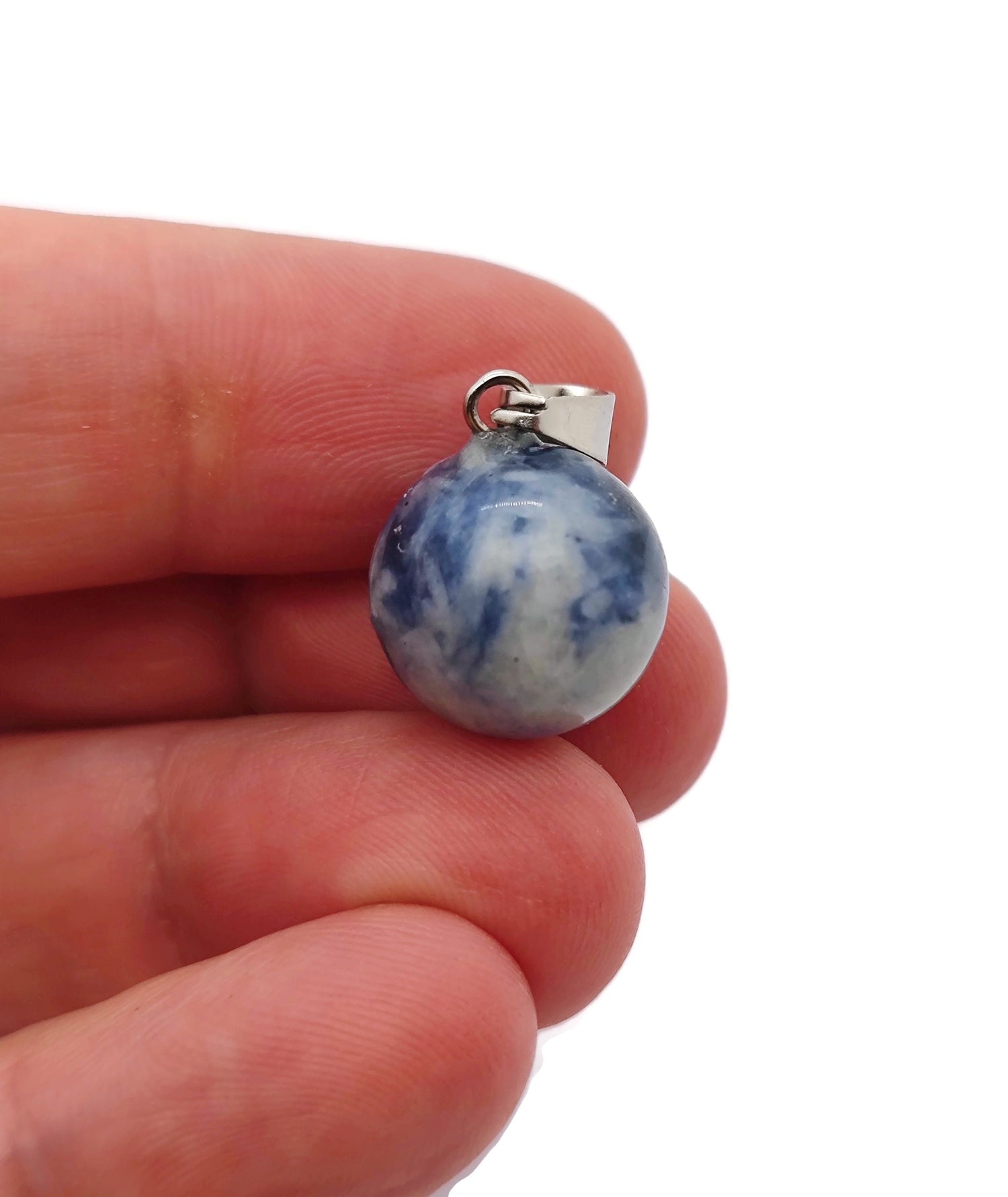 Blue Spot Jasper crystal ball pendant from GemstoneGO, showcasing a round gemstone jewelry making component with vivid blue spots.