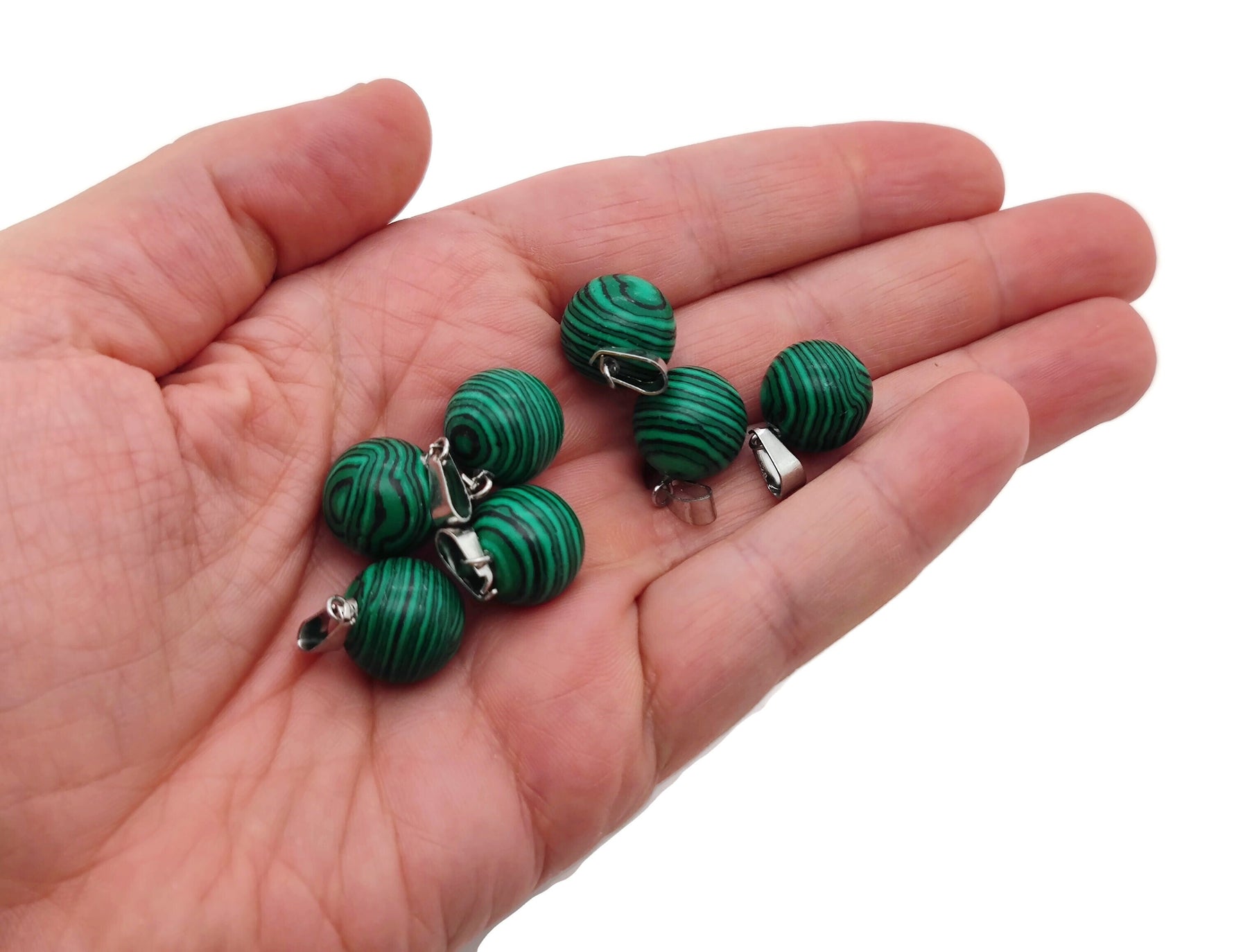 Synthetic malachite round ball pendant with a polished surface, ideal for jewelry making by GemstoneGO.
