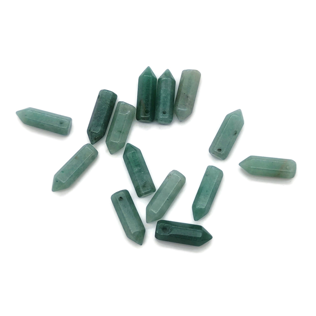 Aventurine crystal pendant with drilled hole, showcasing a polished green gemstone point for jewelry making or decoration.