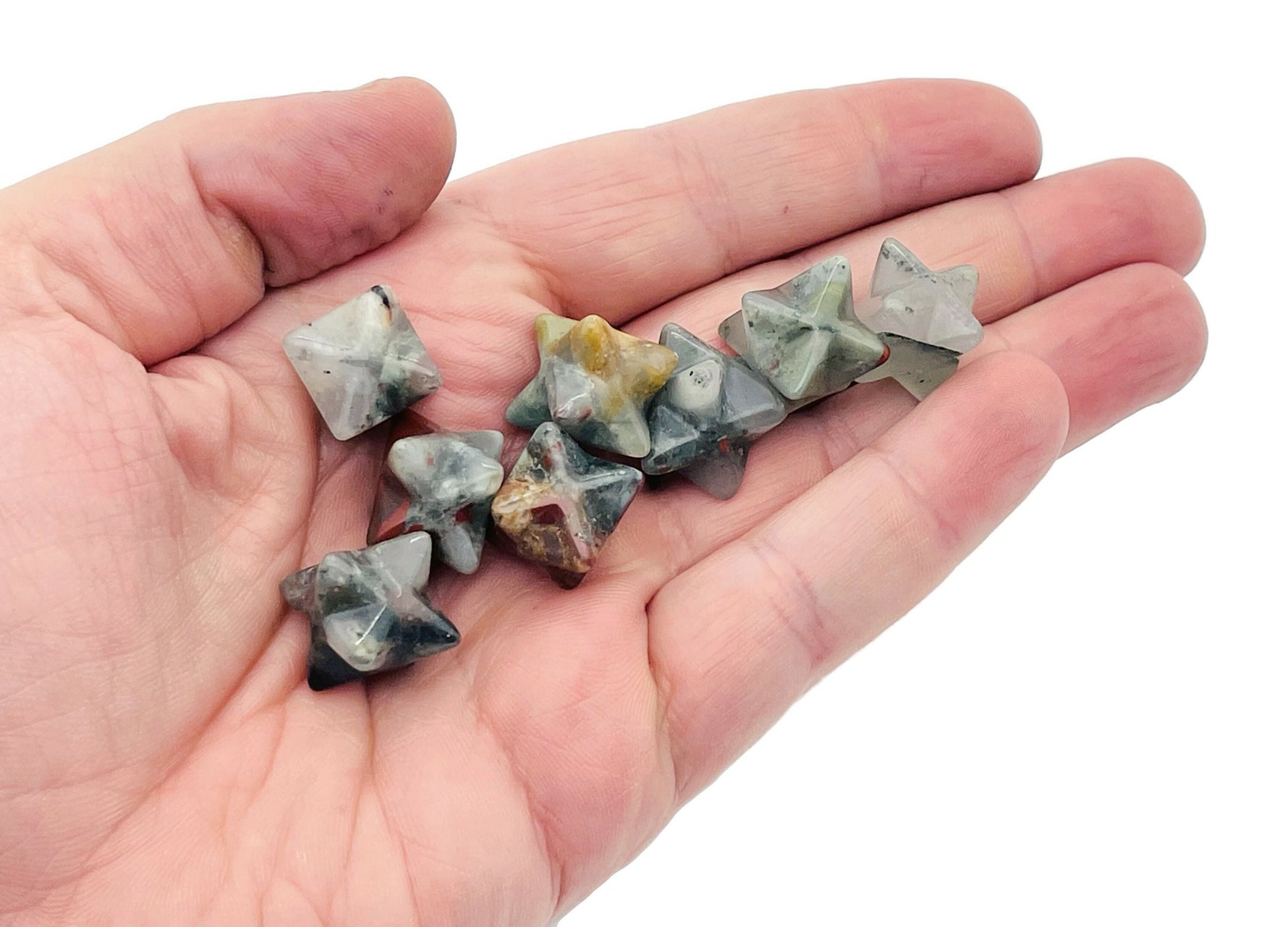 13mm African Bloodstone Merkaba star crystal from GemstoneGO, used for Reiki healing and spiritual meditation.