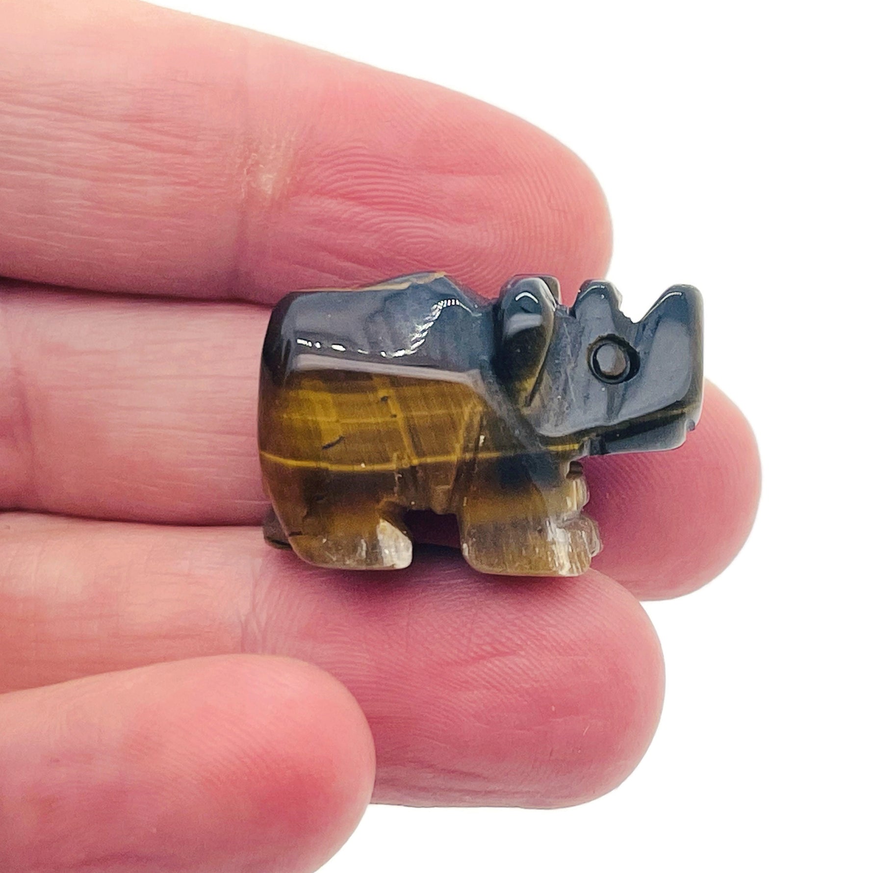 Handmade gemstone crystal rhino animal figure, carved details, 30mm size, in a mixed gemstone selection, by GemstoneGO.