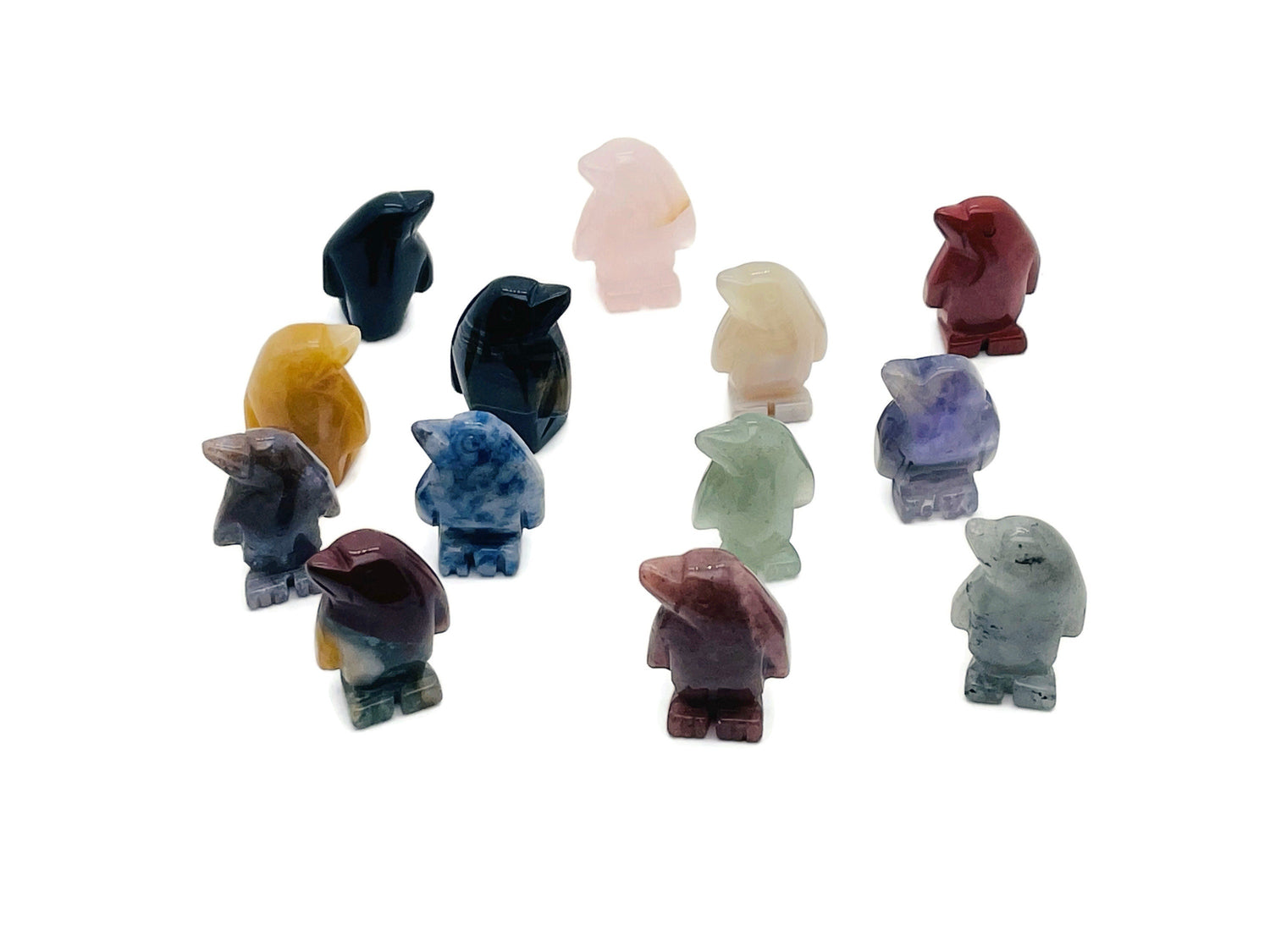 Handmade gemstone crystal penguin animal figure, carved and polished, measuring 30mm, by GemstoneGO.